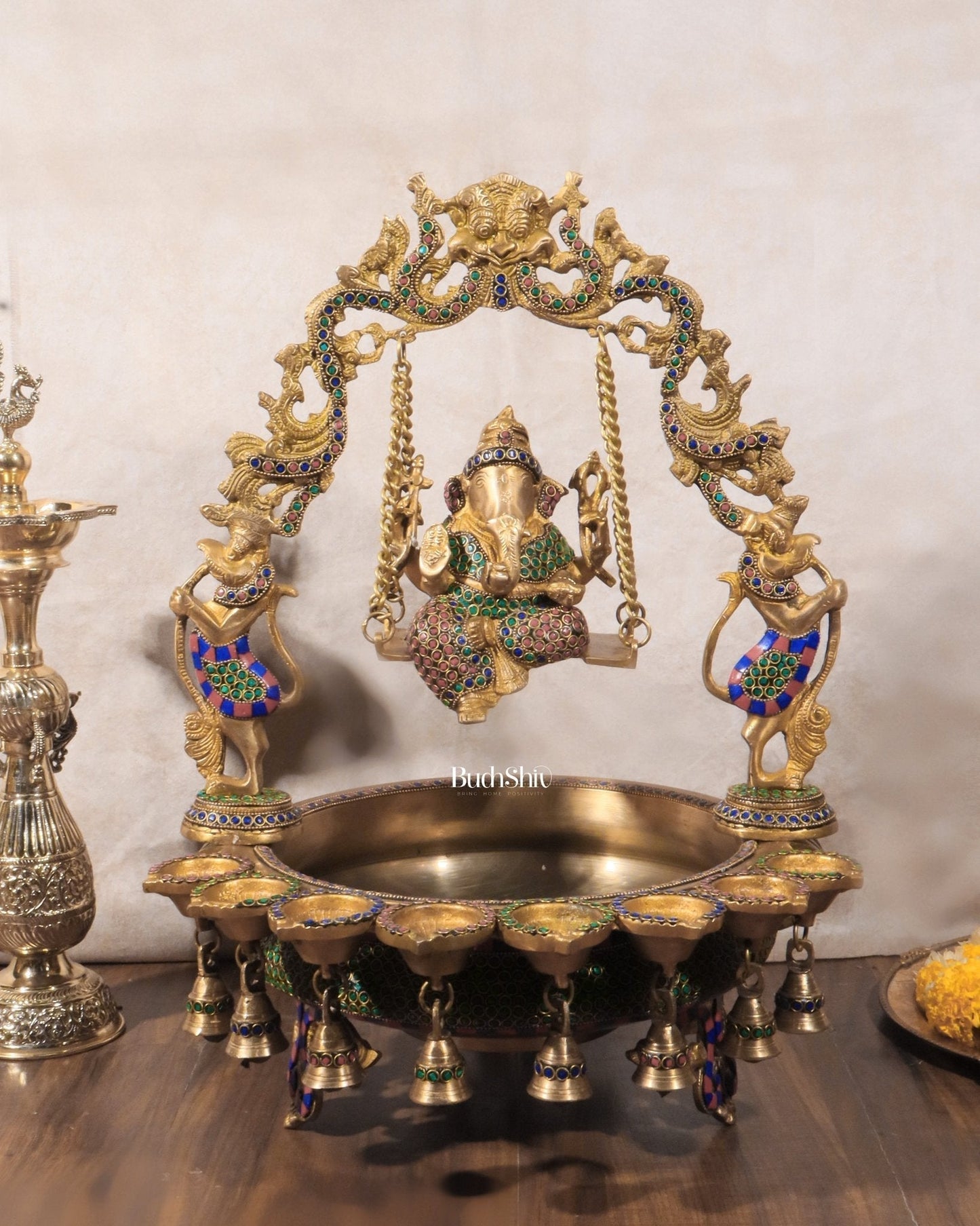 Pure Brass Lord Ganesha on Swing Urli with Diyas - Large 21" Statue - Sama Homes Idol - Brass Sculpture