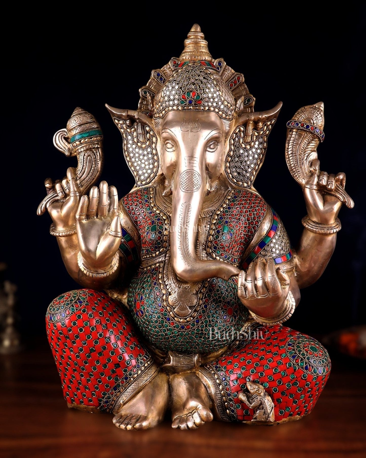 Pure Brass Lord Ganesha Statue - 20 Inch with stonework - Sama Homes Idol - Brass Sculpture