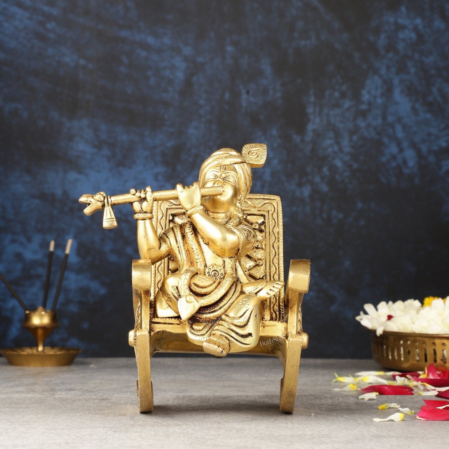 Pure Brass Lord Krishna Seated on Swinging Chair Idol Showpiece | 7" - Sama Homes Idol - Brass Sculpture