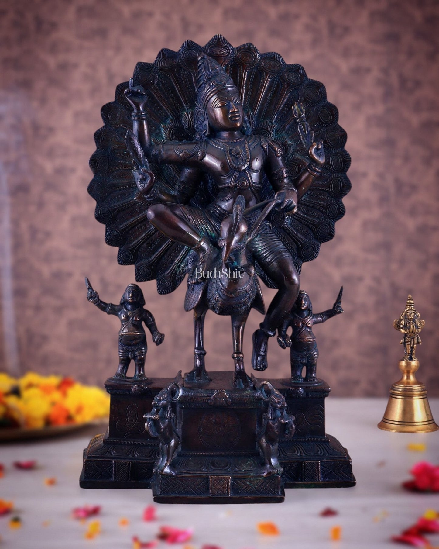 Pure Brass Lord Murugan Sitting on a Peacock Sculpture | Antique Bronze Tone 17" - Sama Homes Idol - Brass Sculpture