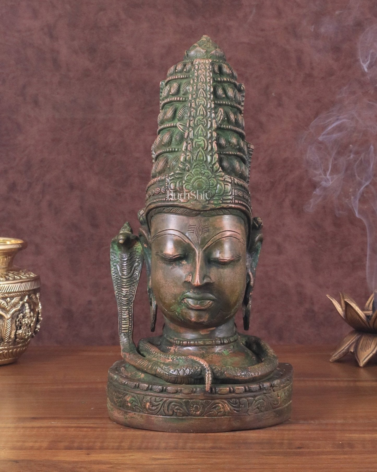 Pure Brass Lord Shiva Face Bust - Antique Green Patina 12" - Sama Homes Idol - Brass Sculpture
