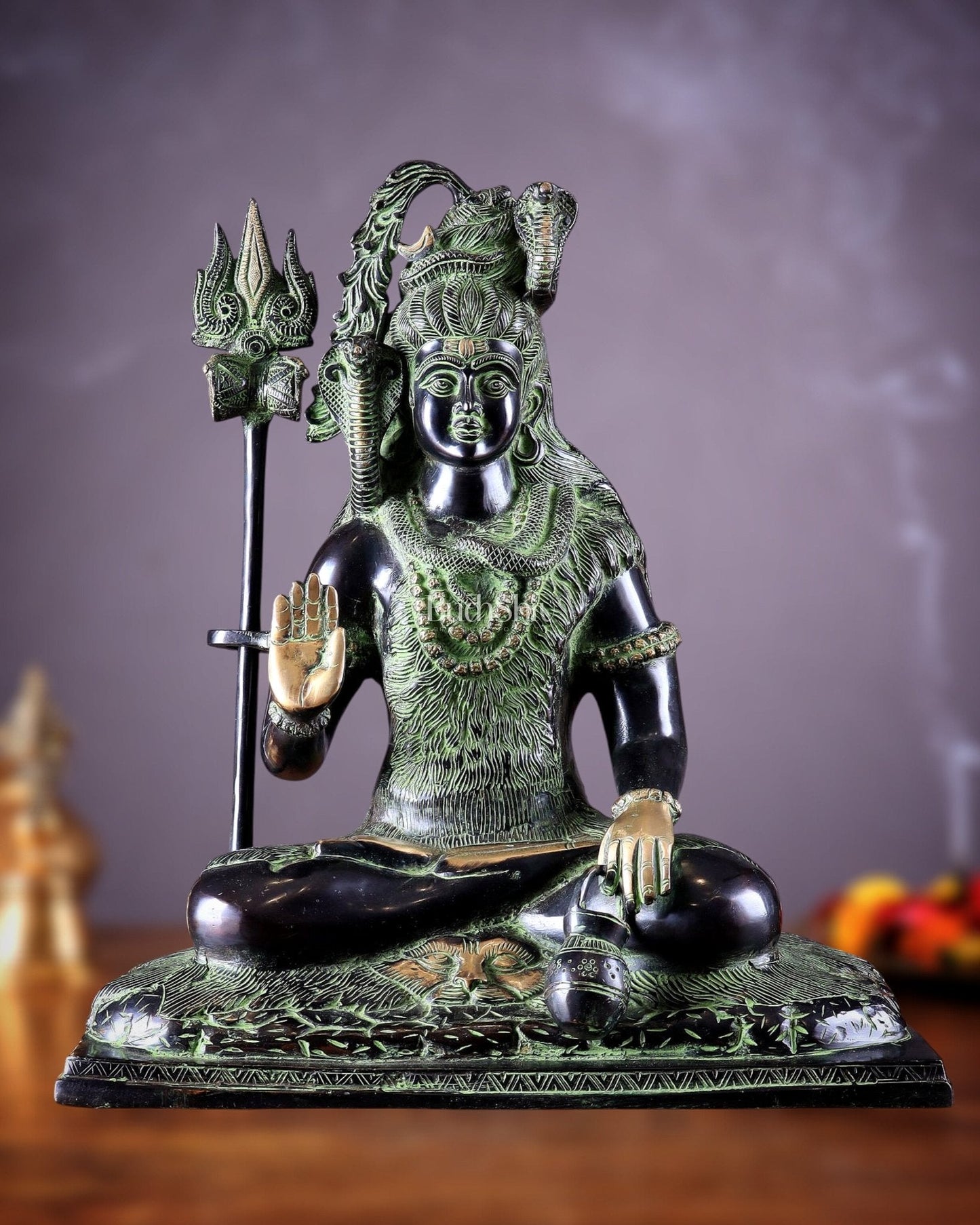 Pure Brass Lord Shiva Smiling Idol with Open Eyes 15" black green - Sama Homes Idol - Brass Sculpture