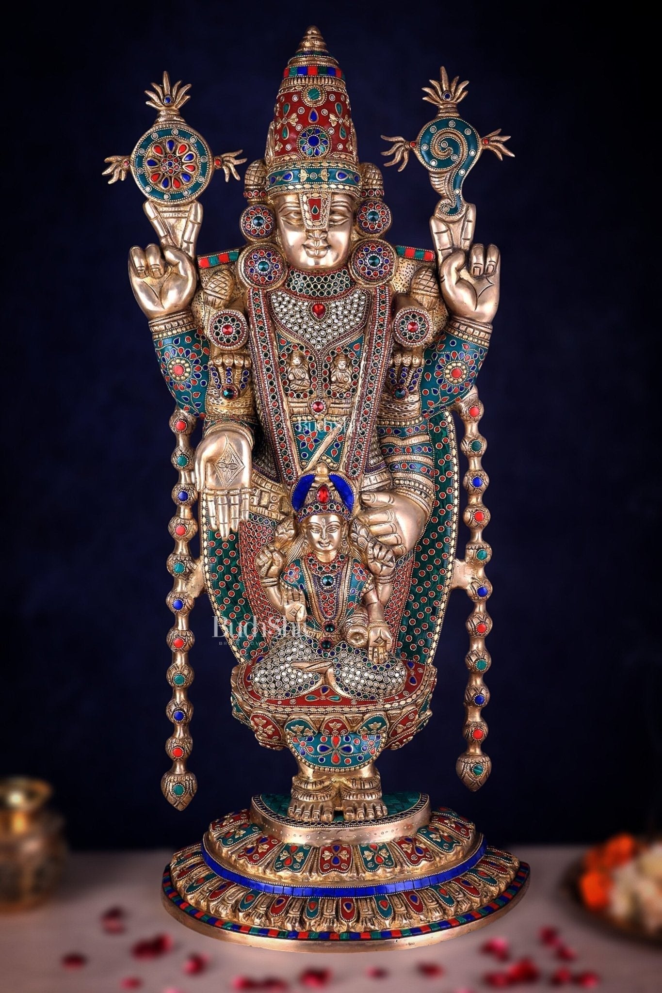 Pure Brass Lord Tirupati Balaji Statue with Goddess Padmavathi Engraved - 34.5 Inch meenakari - Sama Homes Idol - Brass Sculpture