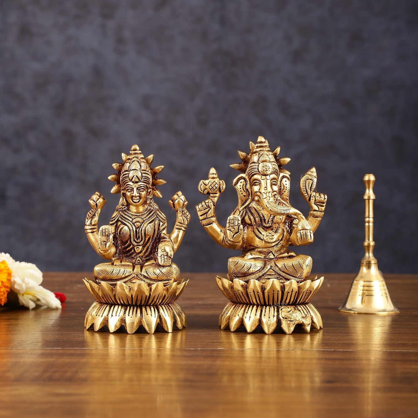 Pure Brass Lotus Ganesha Lakshmi Superfine Idols - 4" Height - Sama Homes Idol - Brass Sculpture