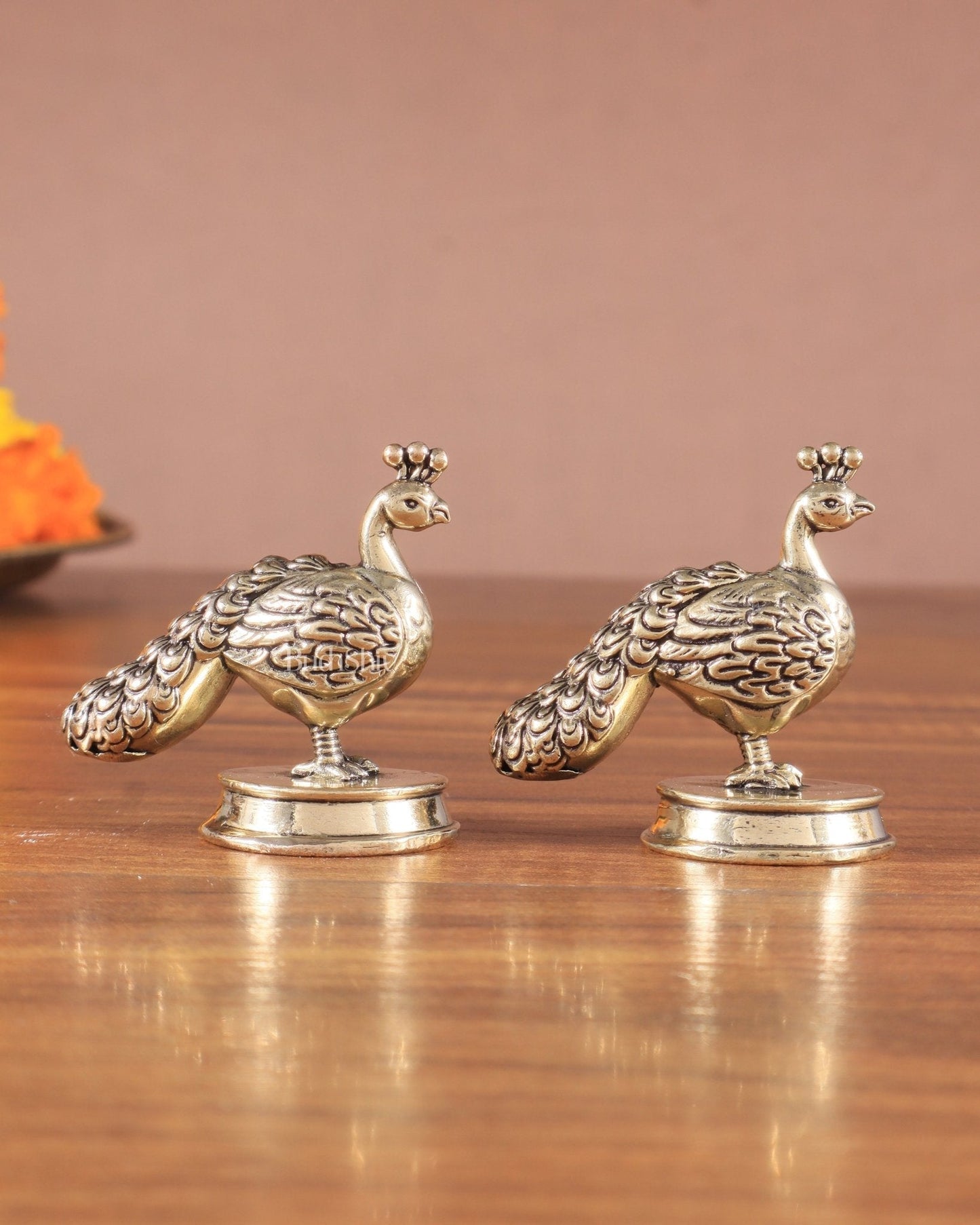 Pure Brass Miniature Peacock Pair – 2" - Sama Homes Idol - Brass Sculpture