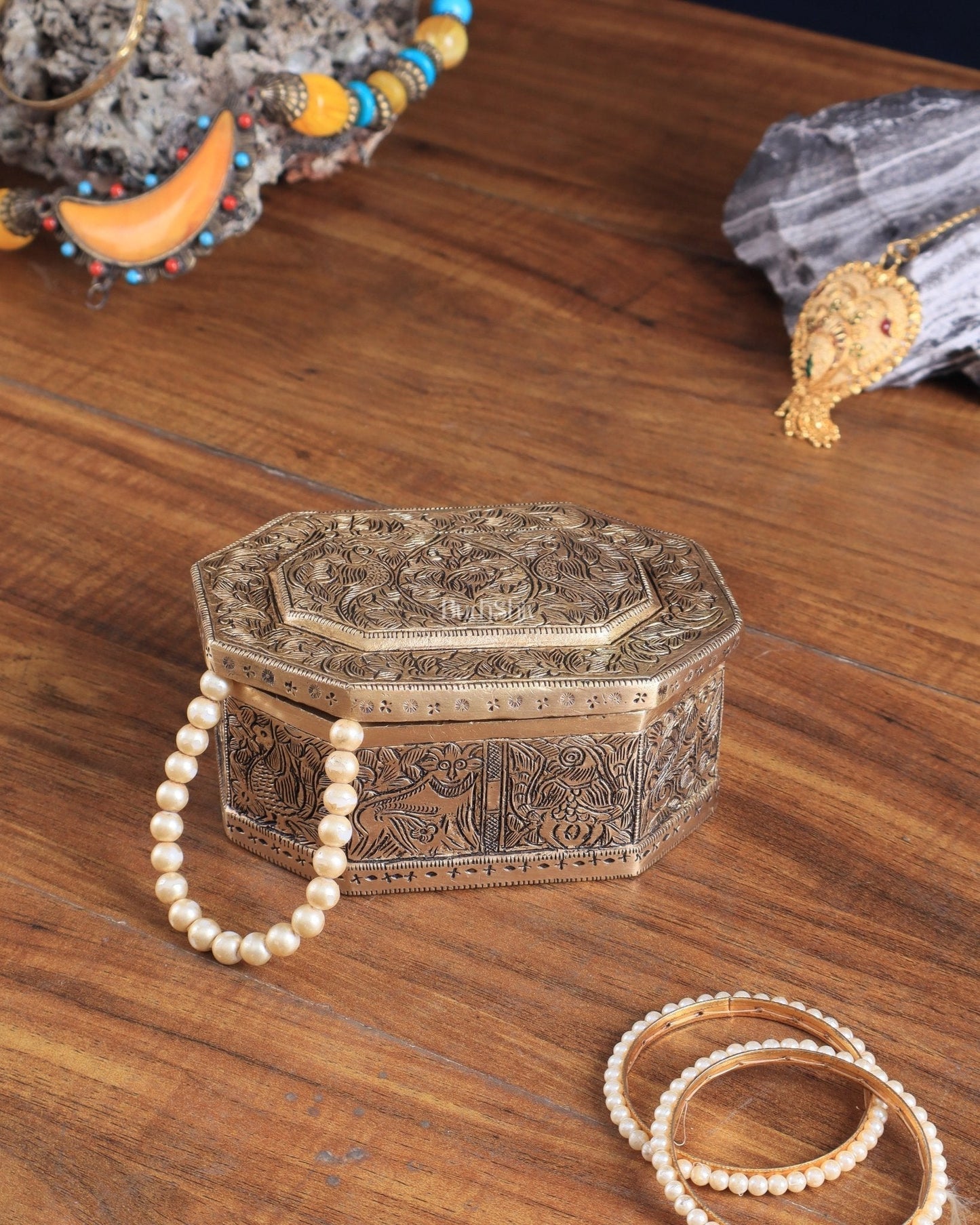 Pure Brass Multipurpose Storage Box with Animal Carvings - Sama Homes Idol - Brass Sculpture