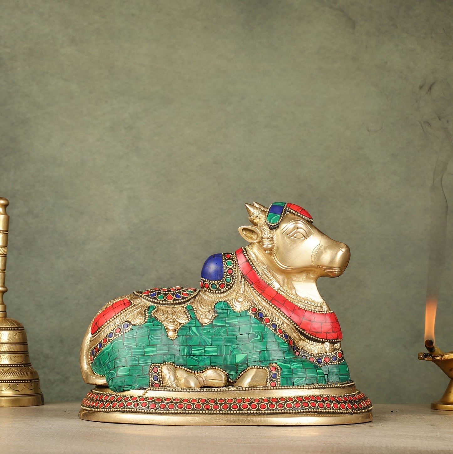 Pure Brass Nandi Bull Idol with Meenakari Work 8" - Sama Homes Idol - Brass Sculpture