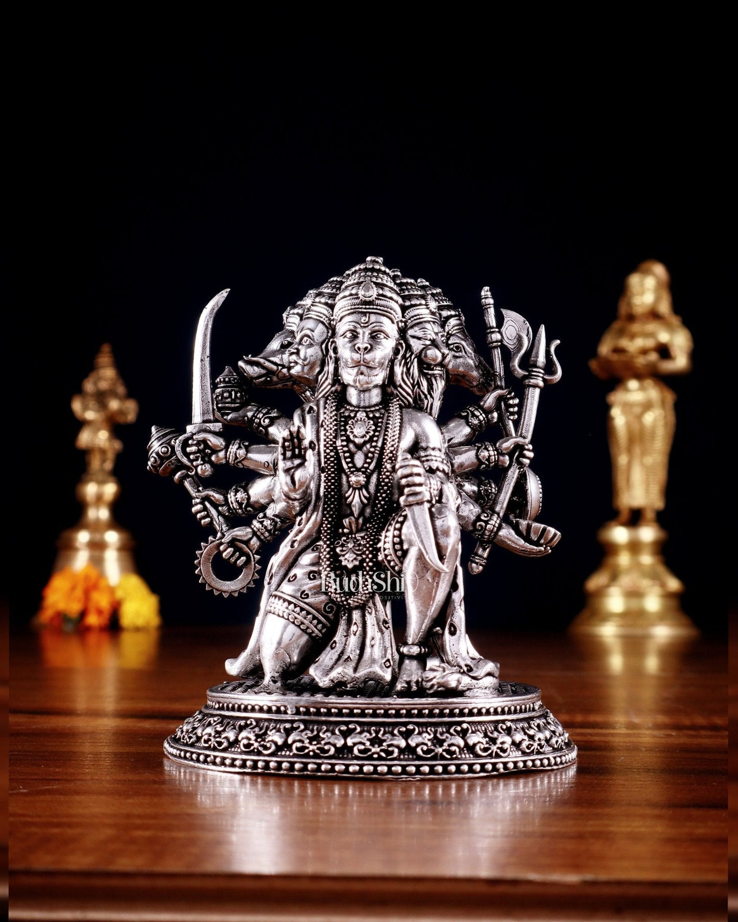 Pure Brass Panchmukhi Hanuman Idol - 4.5 inch silver plated - Sama Homes Idol - Brass Sculpture