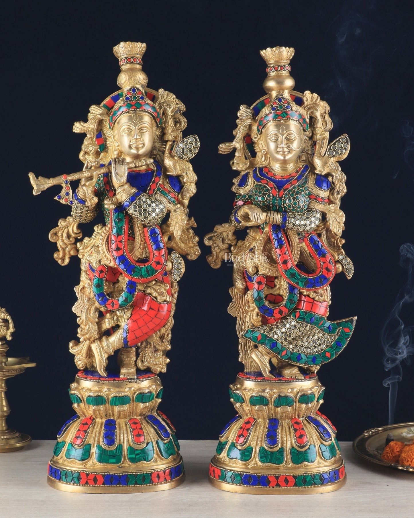 Pure Brass Radha Krishna Statue - 21 inch meenakari delight - Sama Homes Idol - Brass Sculpture