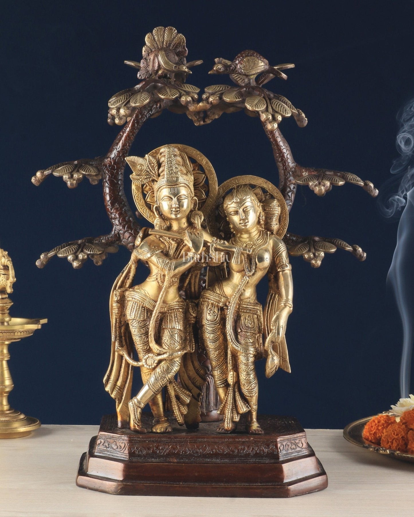 Pure Brass Radha krishna under tree idol 17 inch dual tone finish - Sama Homes Idol - Brass Sculpture