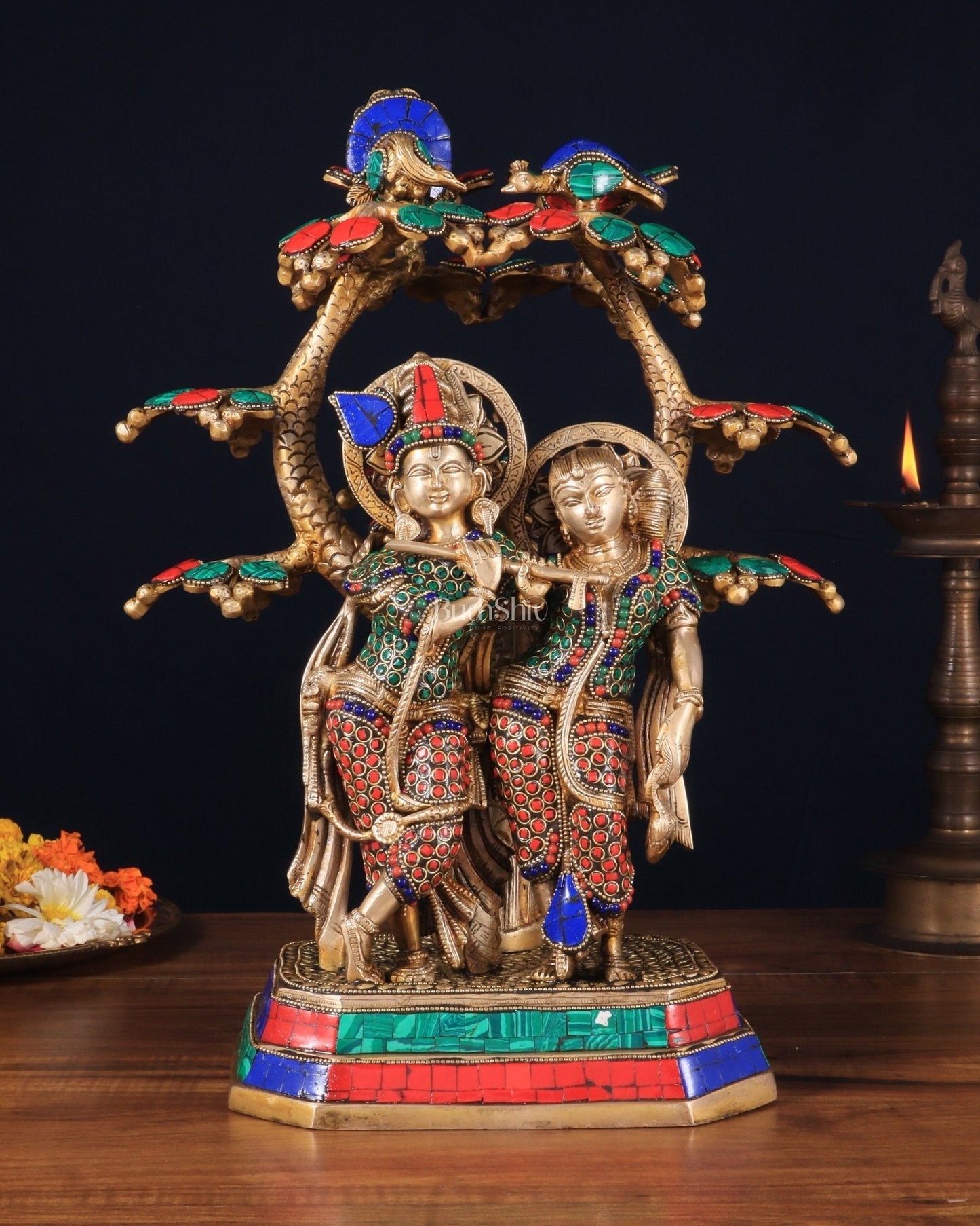 Pure Brass Radha Krishna Under Tree Statue with Stonework 16" - Sama Homes Idol - Brass Sculpture