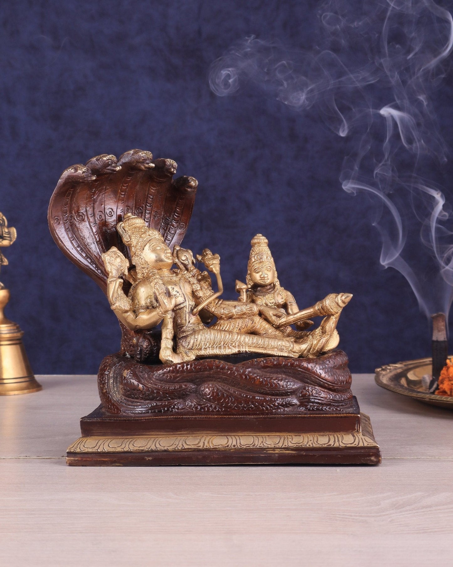Pure Brass Resting Vishnu Lakshmi on Sheshanaag Idol - Dual Tone - Sama Homes Idol - Brass Sculpture