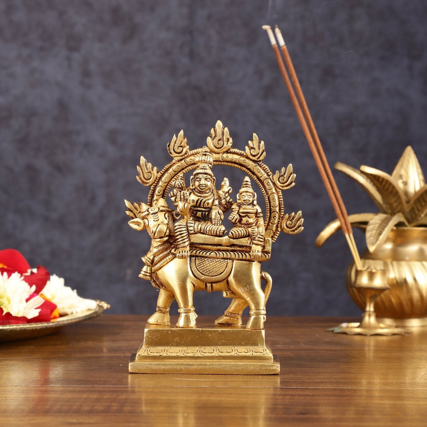 Pure Brass Shiva Parvati on Nandi Pradosha Nayagar Idol - 5.5" Height - Sama Homes Idol - Brass Sculpture