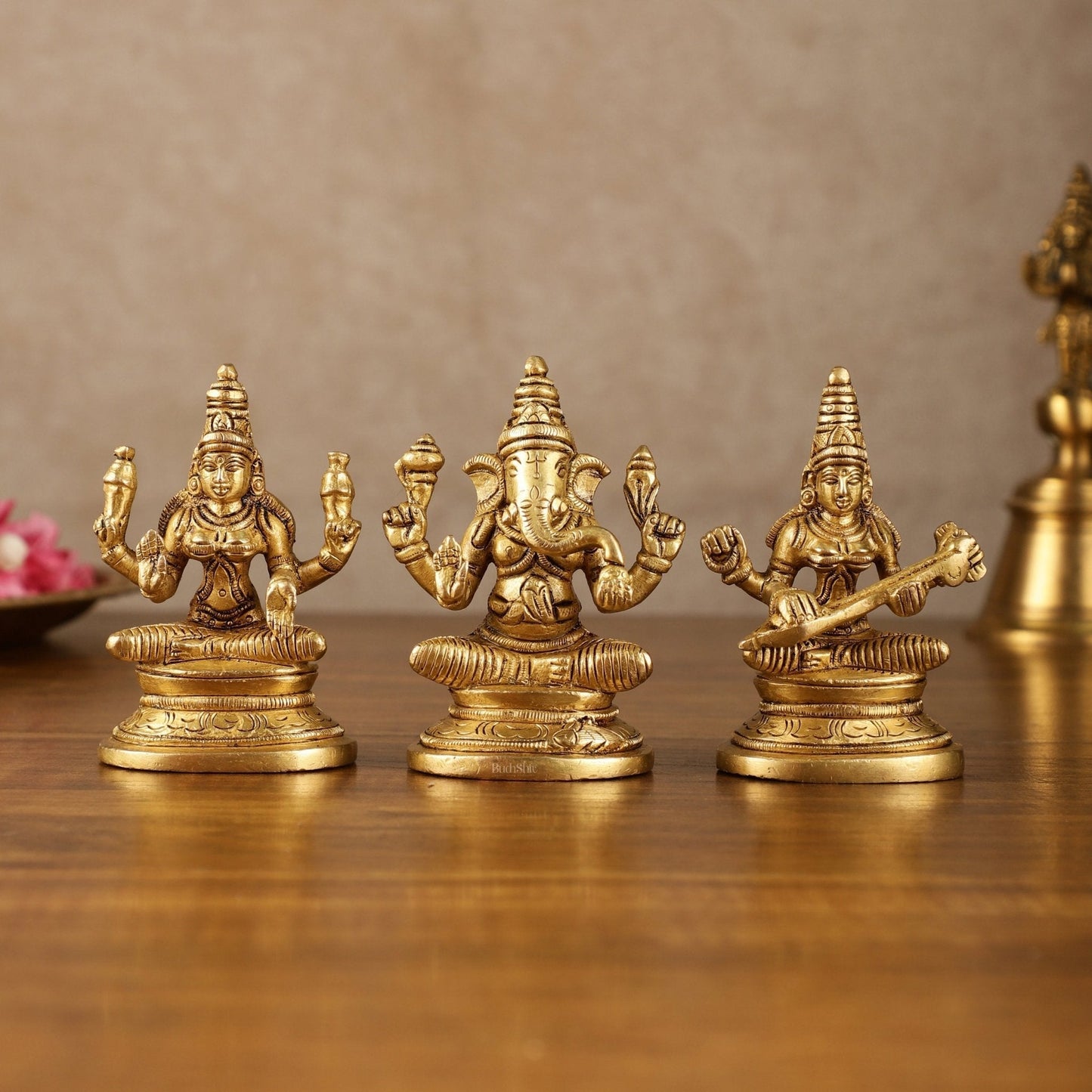 Pure Brass Small Lord Ganesha, Goddess Lakshmi, and Goddess Saraswati Idol Set | 3.5 Inch - Sama Homes Idol - Brass Sculpture