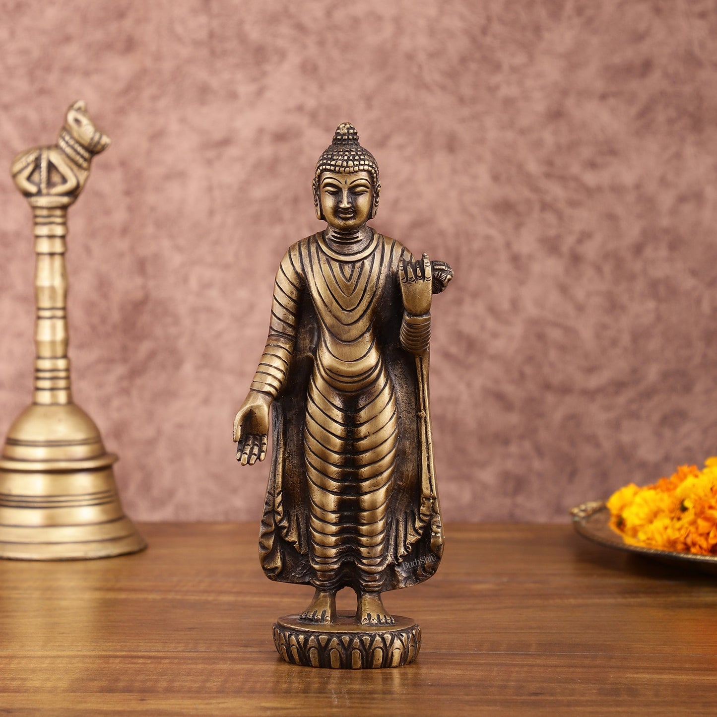 Pure Brass Standing Buddha Statue | 9 Inch Height | 1.5 Kg - Sama Homes Idol - Brass Sculpture