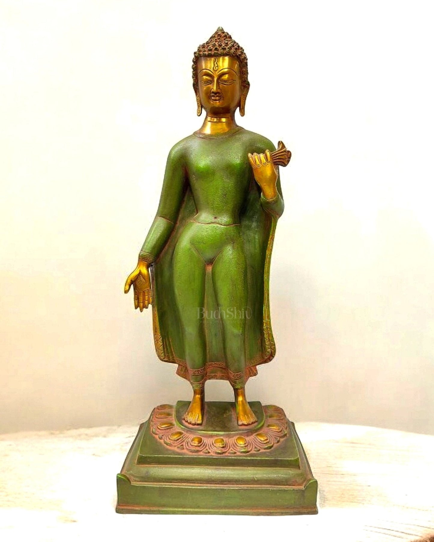 Pure Brass Standing Buddha Statue with Green Patina – 22" Height, Elegant Finish - Sama Homes Idol - Brass Sculpture