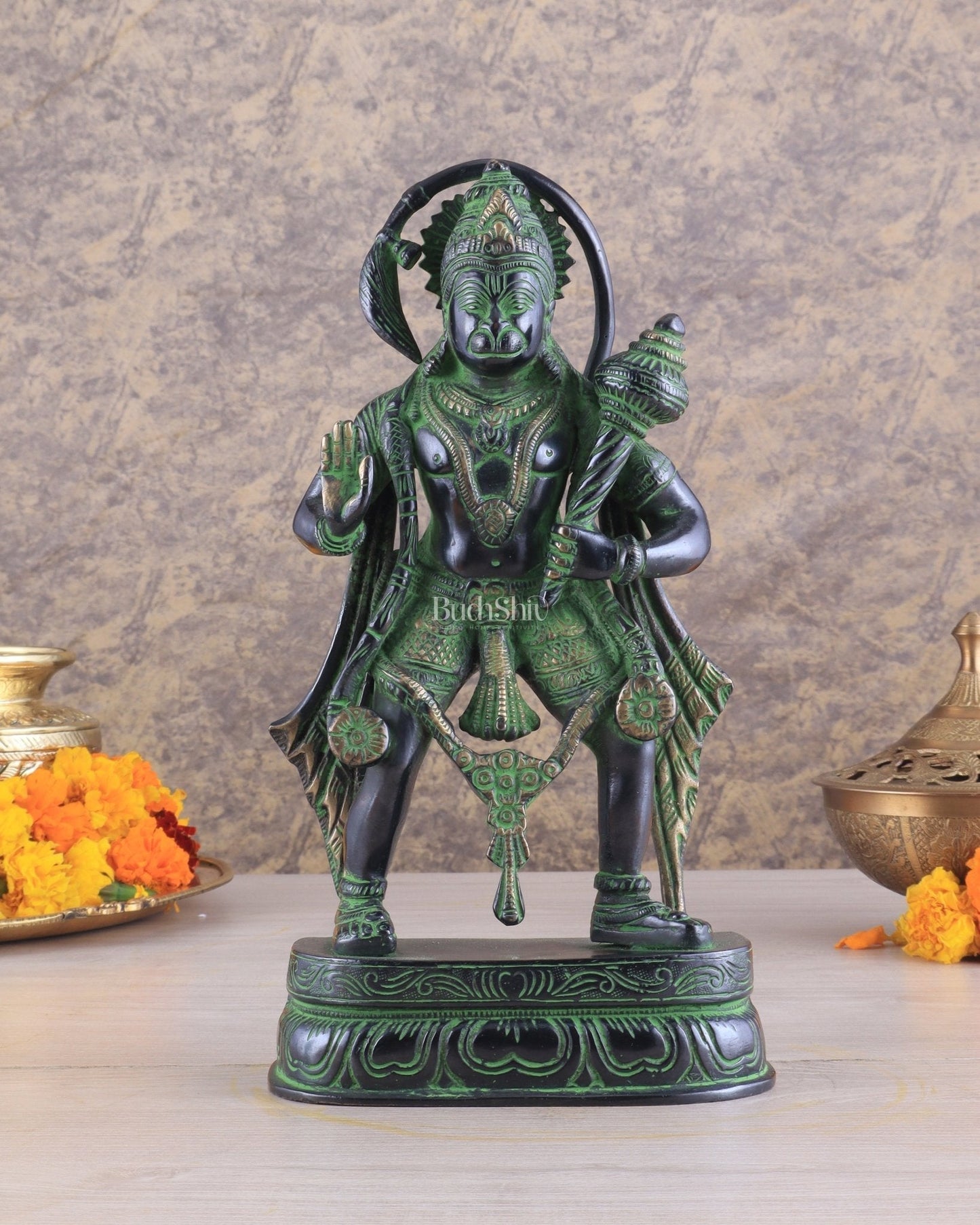 Pure Brass Standing Lord Hanuman Statue with Black and Green Tone 11 inch - Sama Homes Idol - Brass Sculpture