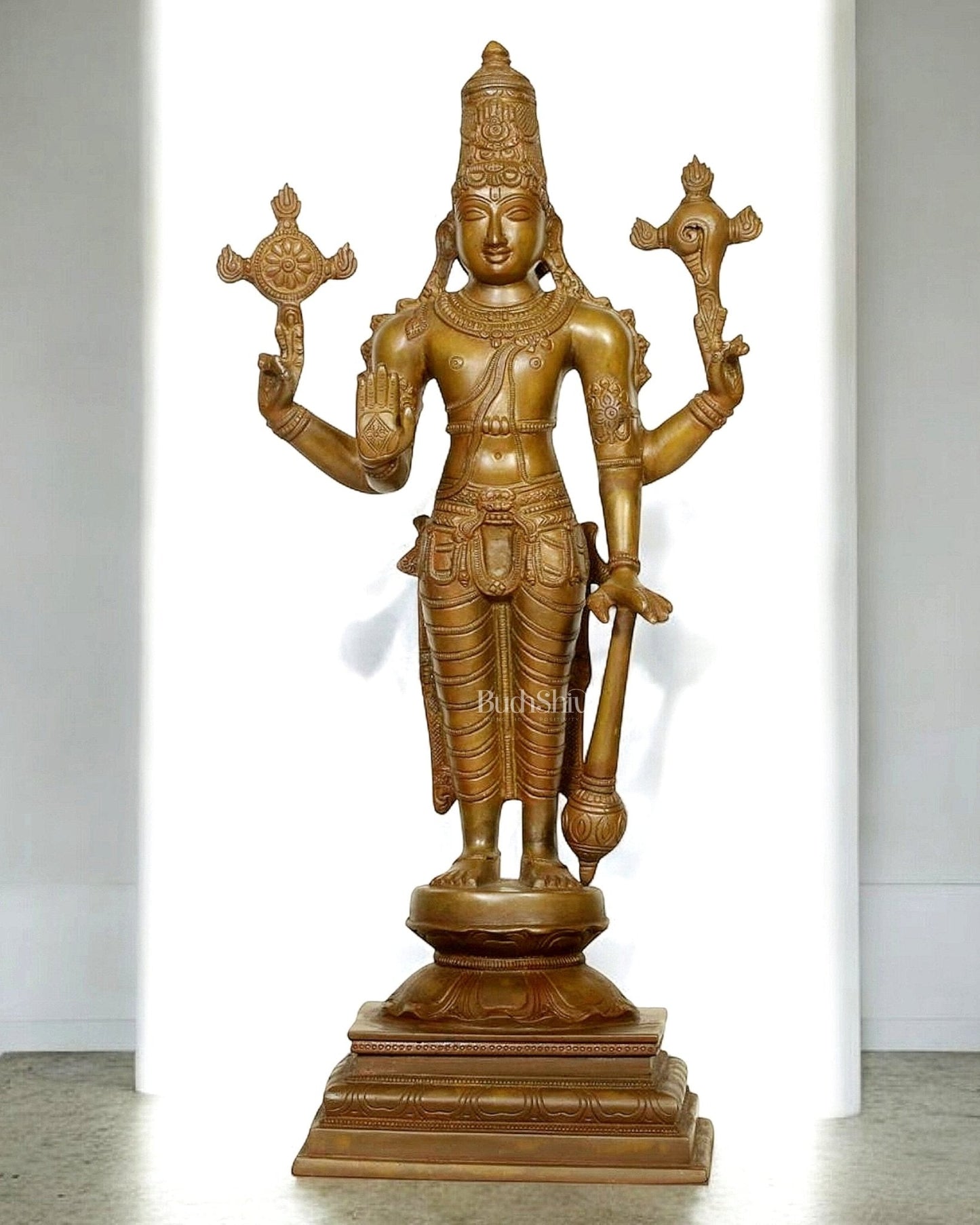 Pure Brass Standing Lord Vishnu in Bronze Tone Sculpture 20" - Sama Homes Idol - Brass Sculpture