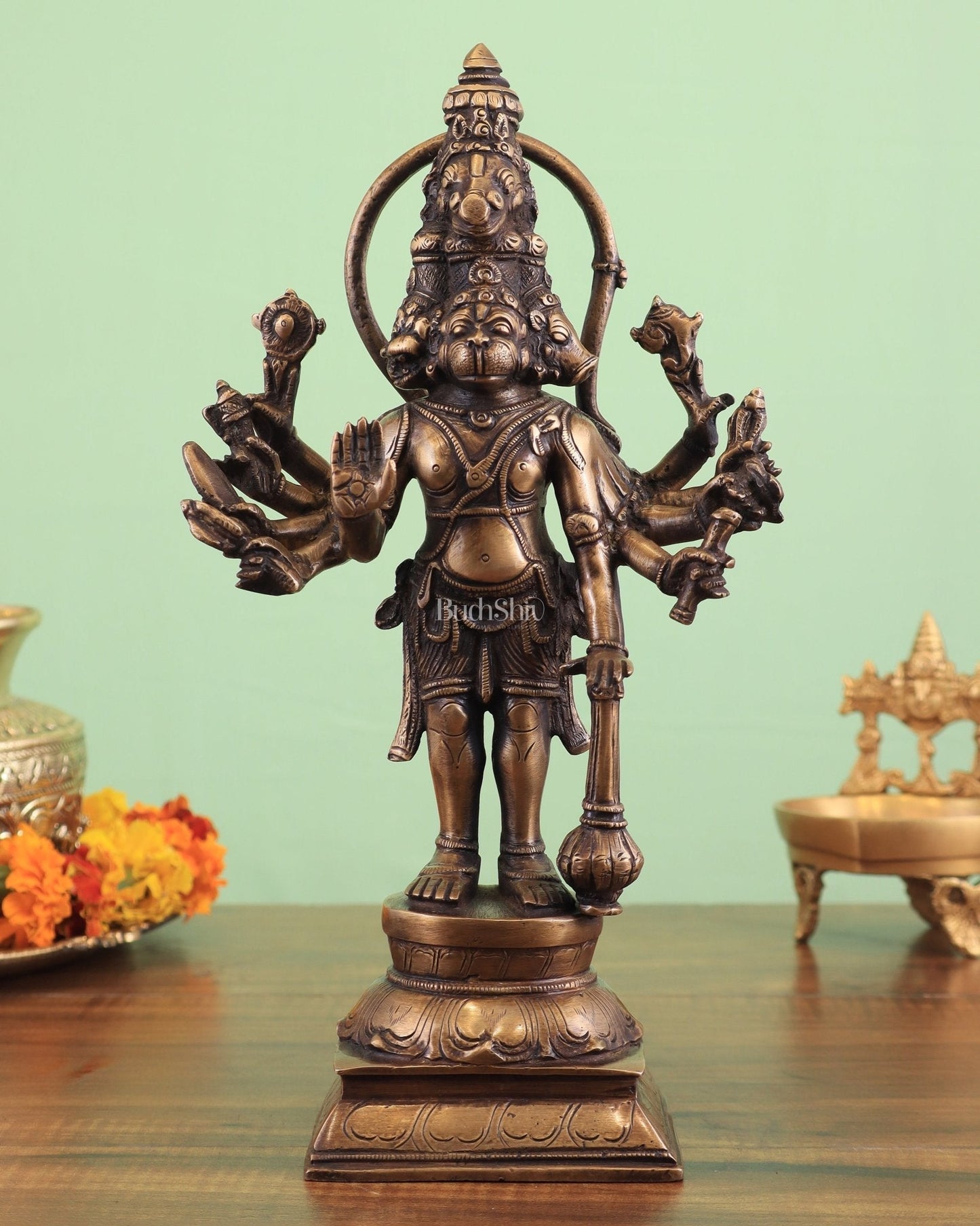 Pure Brass Standing Panchmukhi Hanuman Idol – antique finish 12 inch - Sama Homes Idol - Brass Sculpture