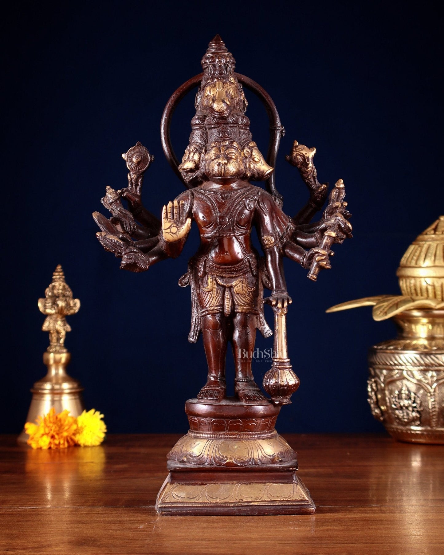 Pure Brass Standing Panchmukhi Hanuman Idol – Double Chola Finish 12 inch - Sama Homes Idol - Brass Sculpture