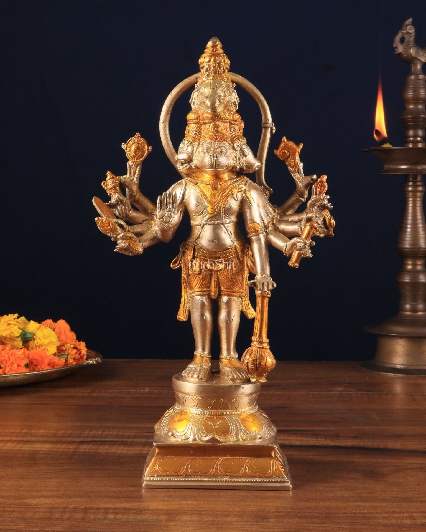 Pure Brass Standing Panchmukhi Hanuman Idol – glossy gold finish 12 inch - Sama Homes Idol - Brass Sculpture