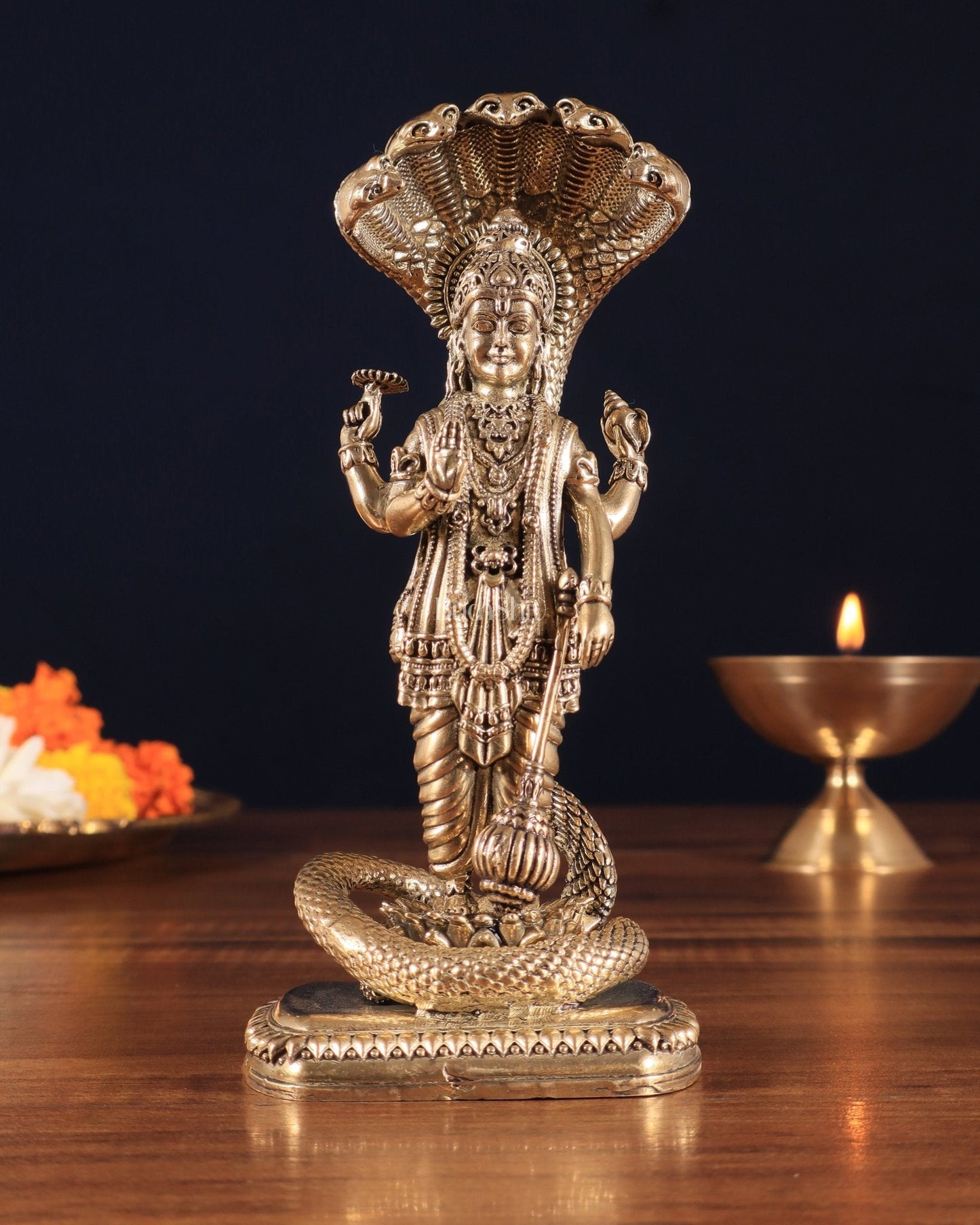 Pure Brass Standing Vishnu with Sheshanaga - 5 in Height - Sama Homes Idol - Brass Sculpture