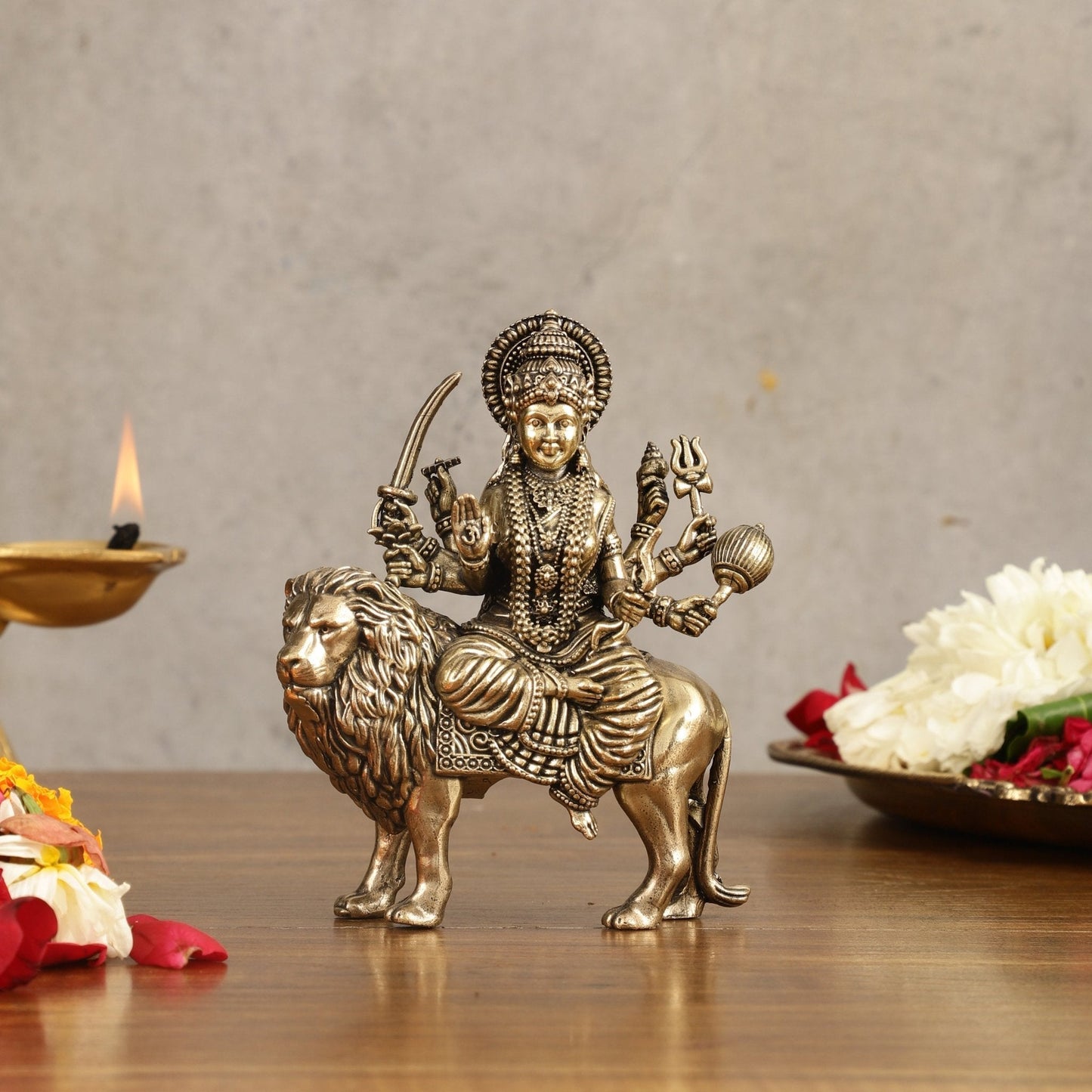 Pure Brass Superfine Durga on Lion Idol - 5 in Height - Sama Homes Idol - Brass Sculpture