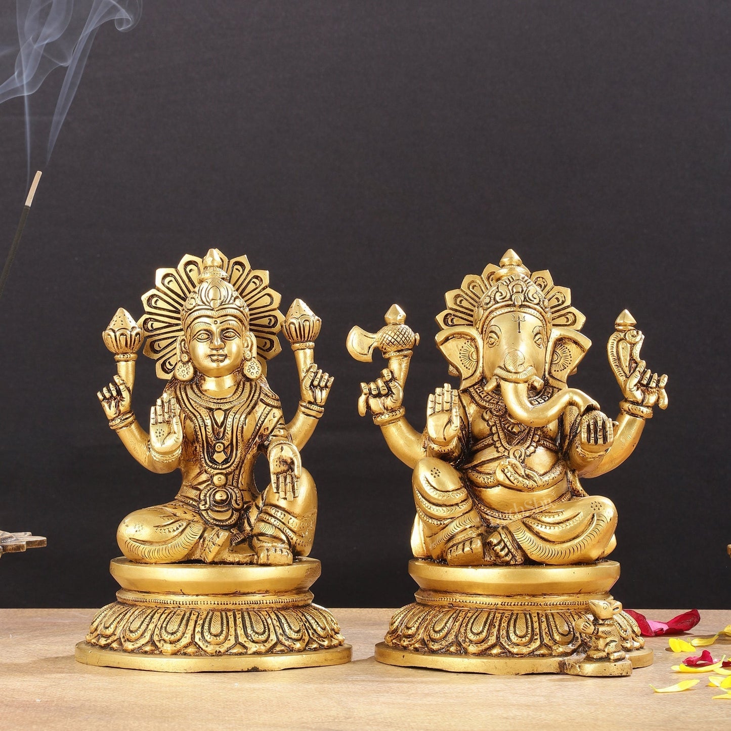 Pure Brass Superfine Ganesha Lakshmi Idols - Exquisite 8-Inch pair - Sama Homes Idol - Brass Sculpture