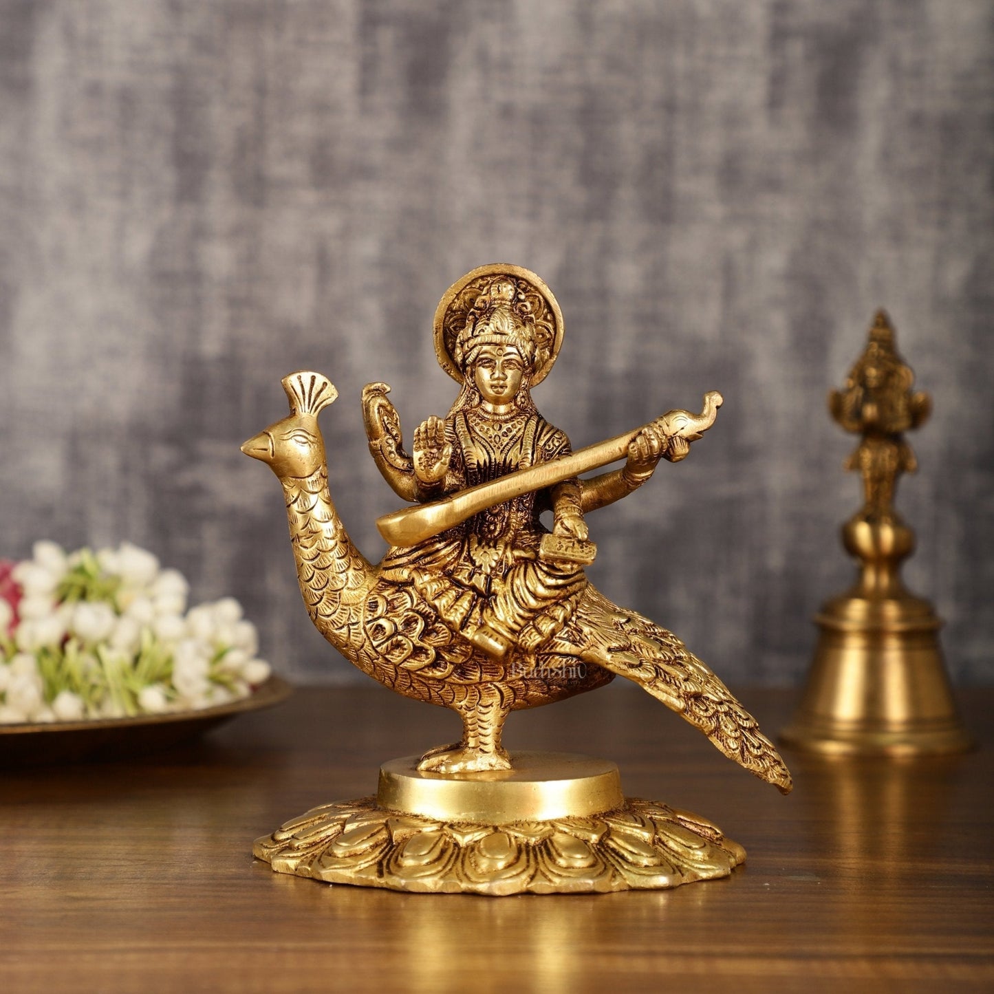 Pure Brass Superfine Goddess Saraswati Sitting on Swan Idol | 6.5 Inch Height | 2 KG - Sama Homes Idol - Brass Sculpture