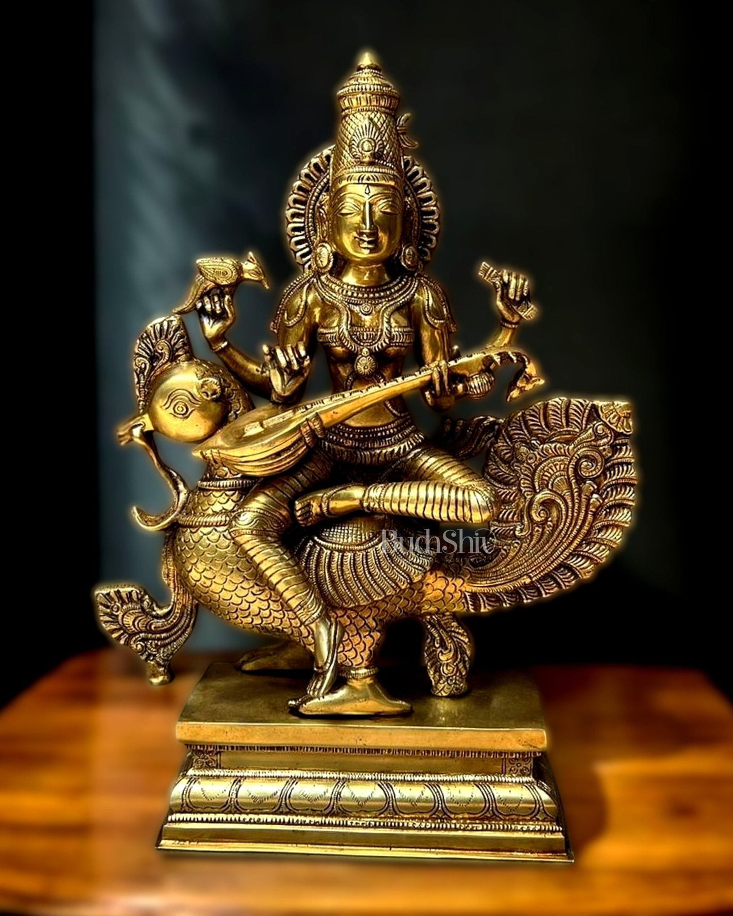 Pure Brass Superfine Goddess Saraswati Statue - 20" Height | - Sama Homes Idol - Brass Sculpture
