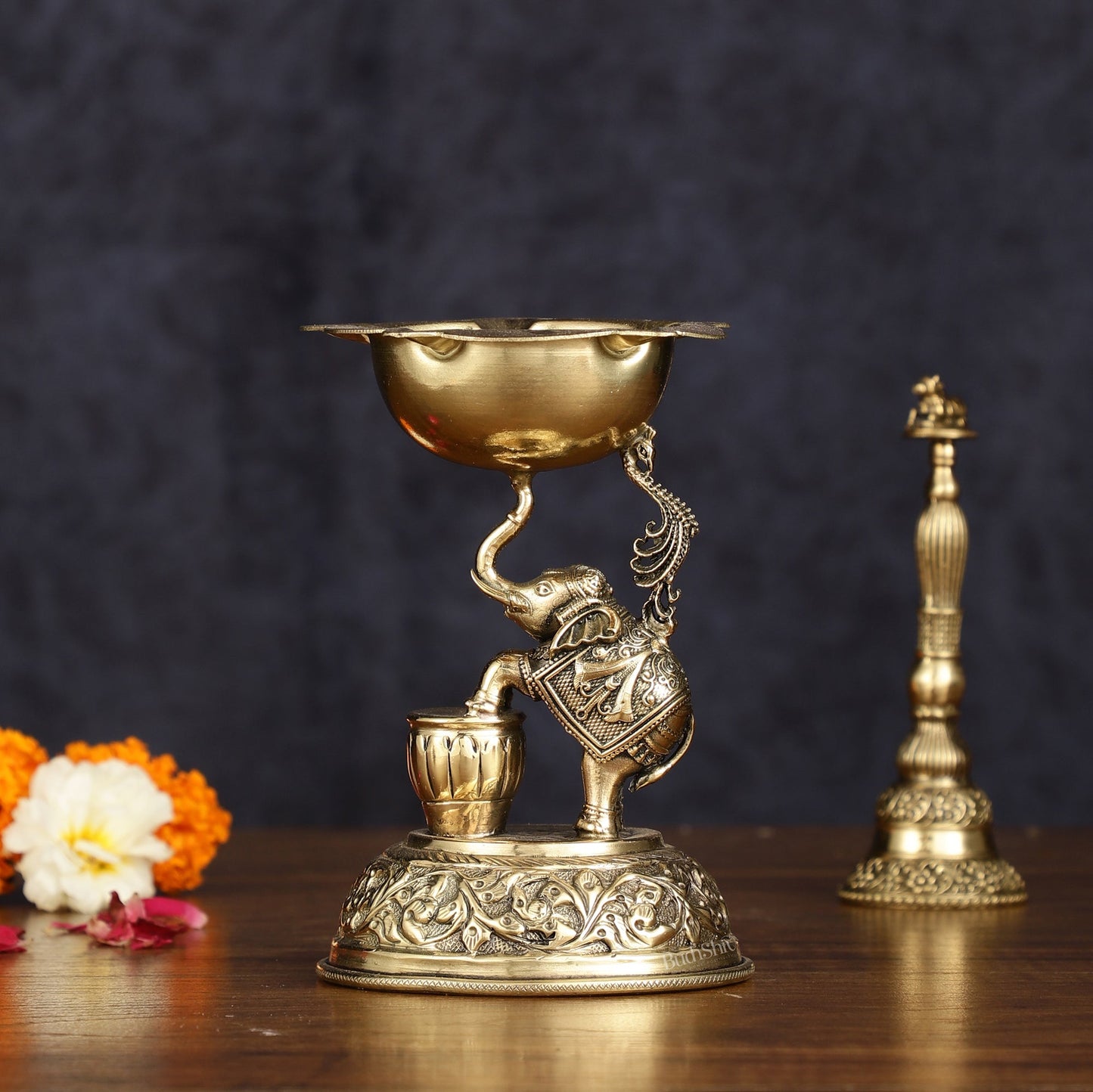 Pure Brass Superfine Intricate Jumping Elephant Oil Lamp - Lightweight, 5" Tall - Sama Homes Idol - Brass Sculpture