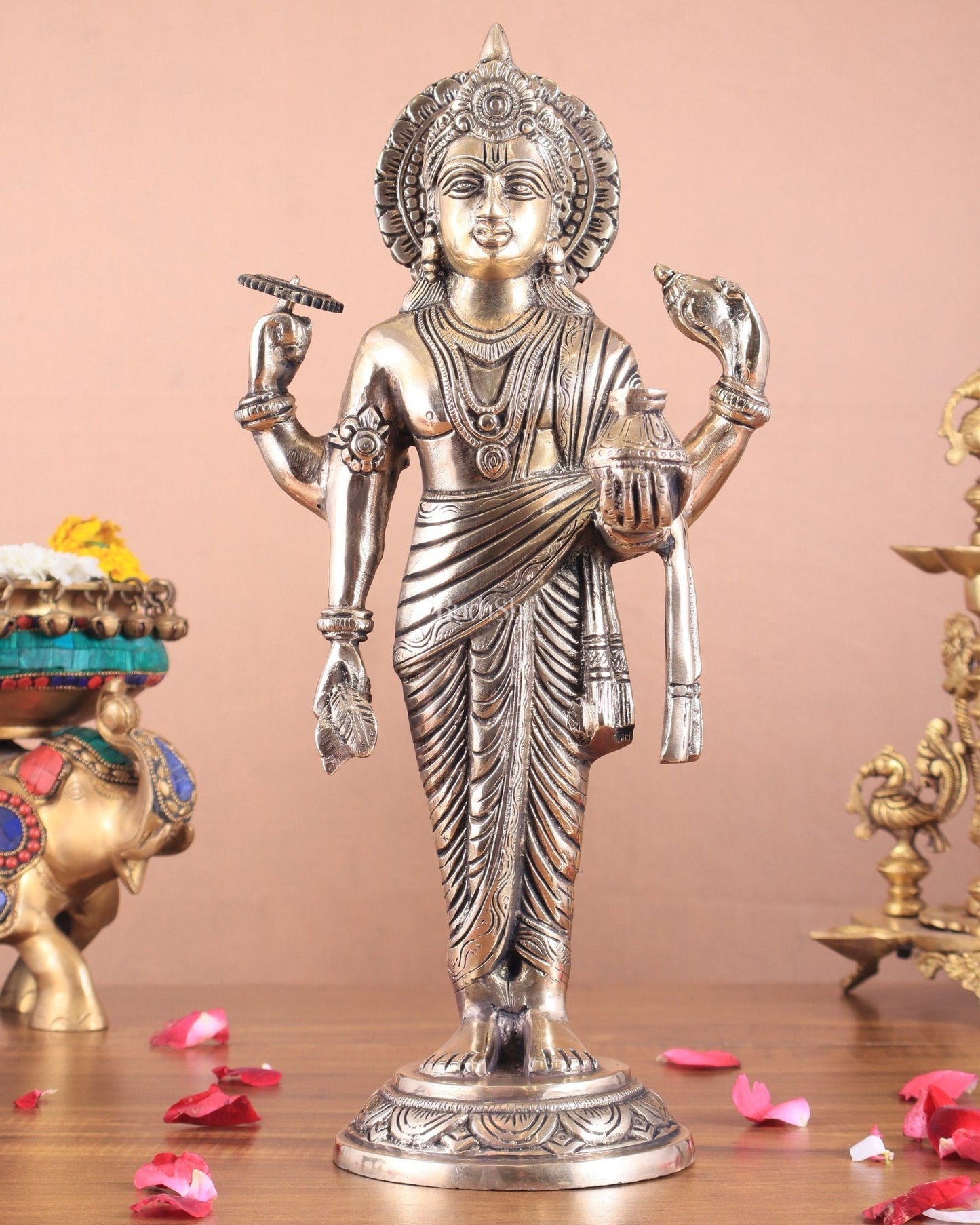Pure Brass Superfine Lord Dhanvantari Statue with Enhanced Carvings 15 inch matte finish - Sama Homes Idol - Brass Sculpture
