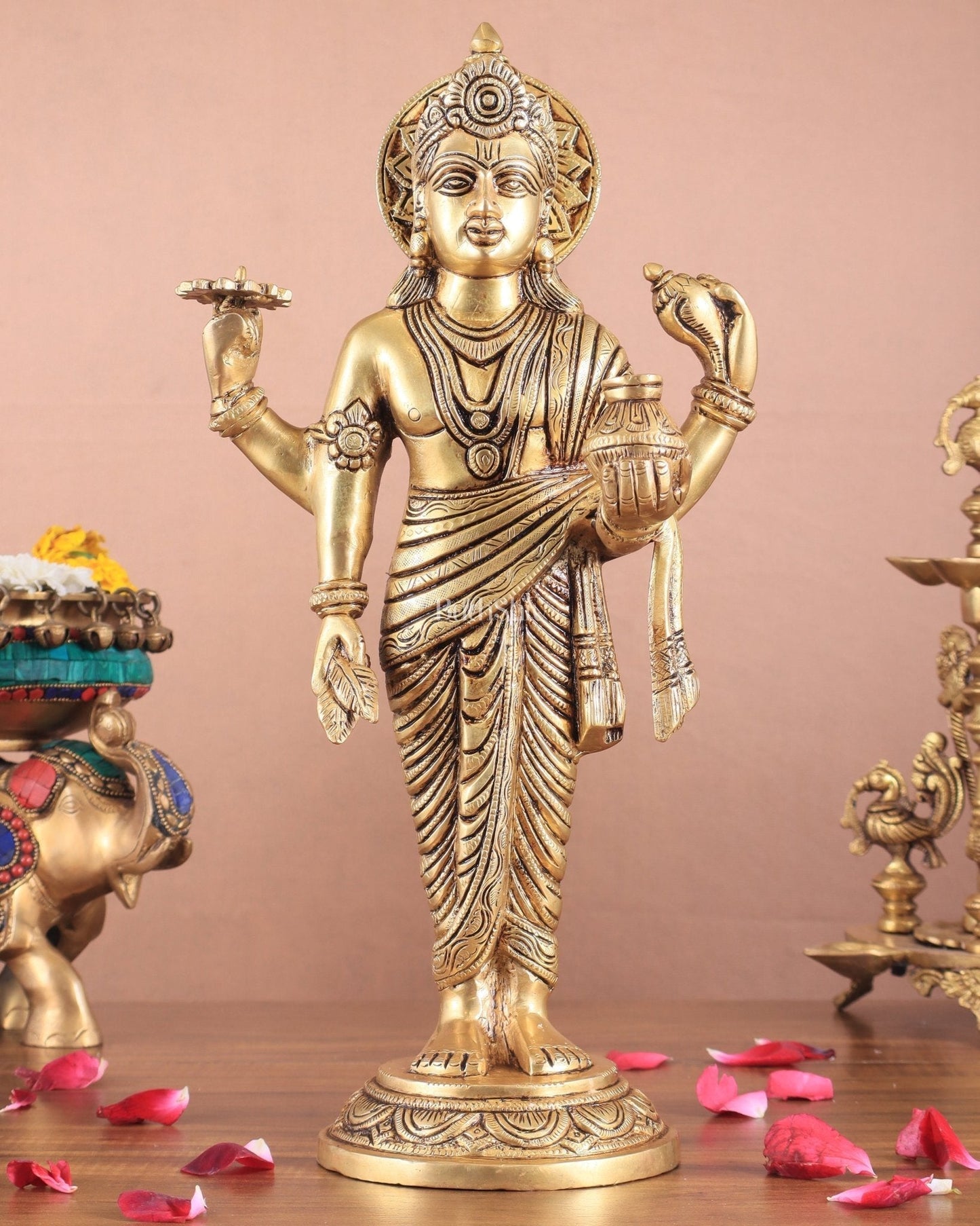 Pure Brass Superfine Lord Dhanvantari Statue with Enhanced Carvings 15 inch - Sama Homes Idol - Brass Sculpture