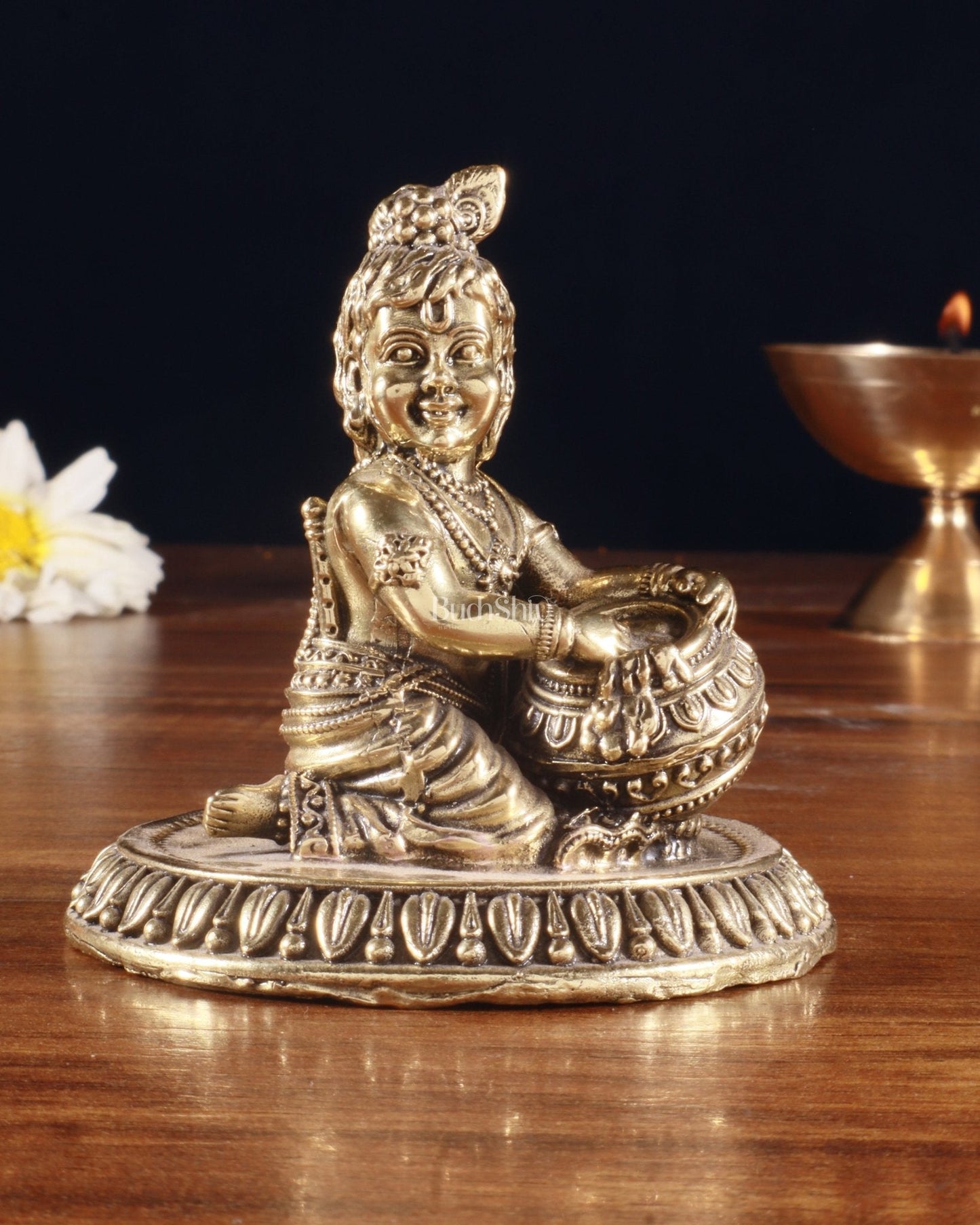 Pure Brass Superfine Makhan Chor Bal Gopal Krishna Idol with Base – 3 Inch - Sama Homes Idol - Brass Sculpture