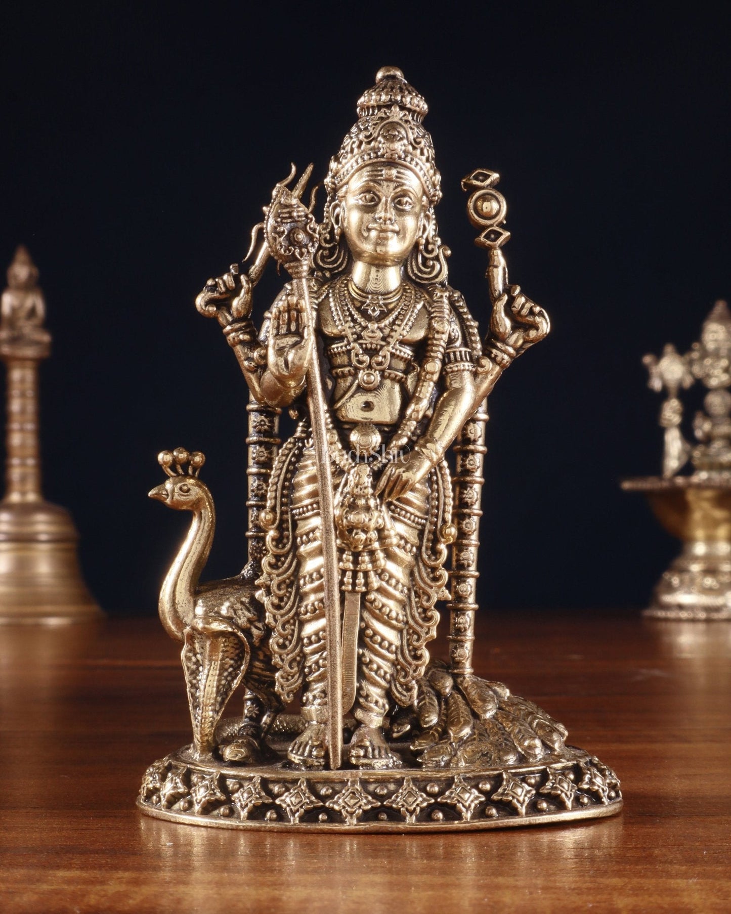 Pure Brass Superfine Murugan with Peacock & Snake Idol – 4 Inch - Sama Homes Idol - Brass Sculpture