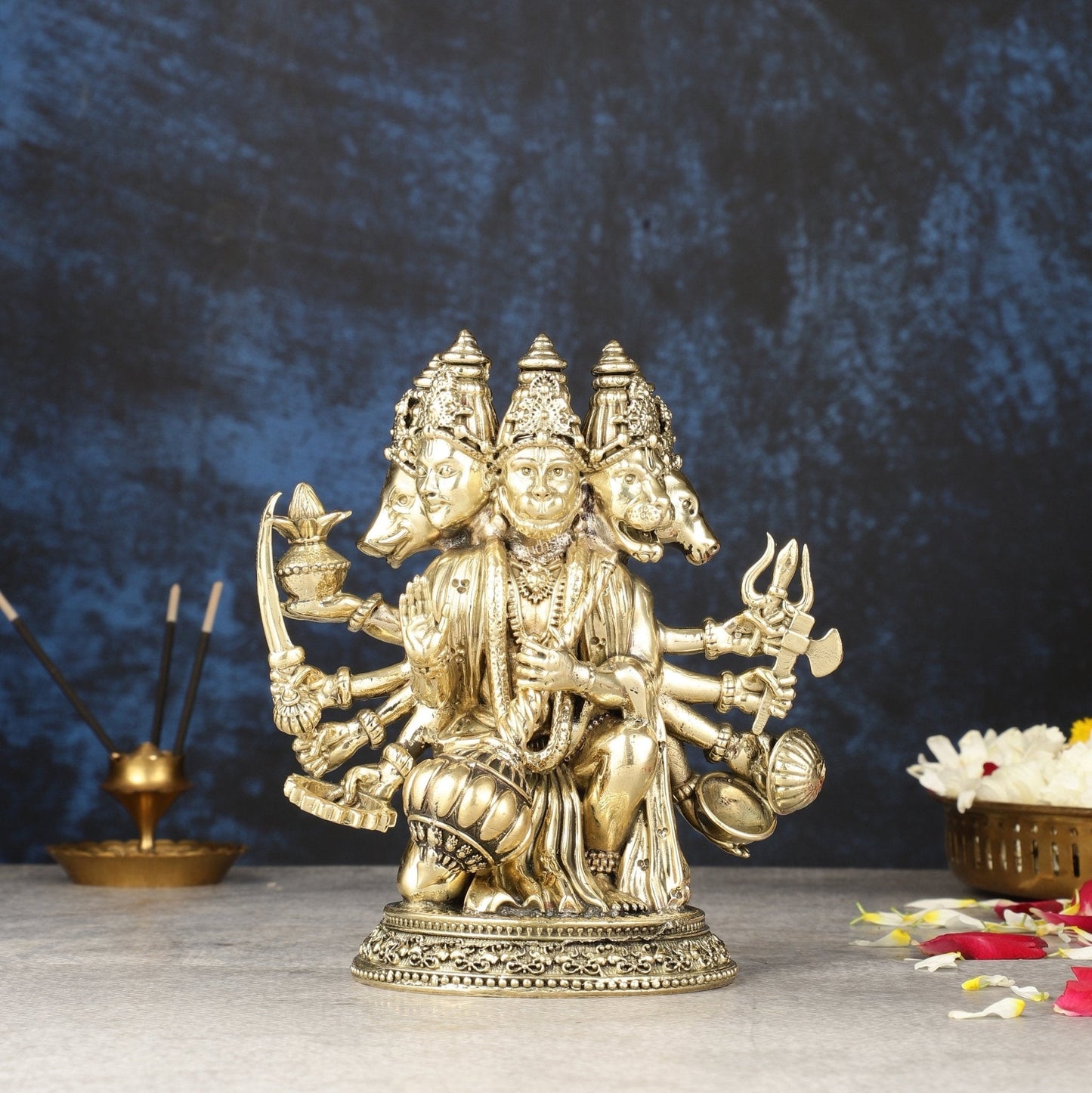 Pure Brass Superfine Panchmukhi Hanuman Idol | 6.5" - Sama Homes Idol - Brass Sculpture