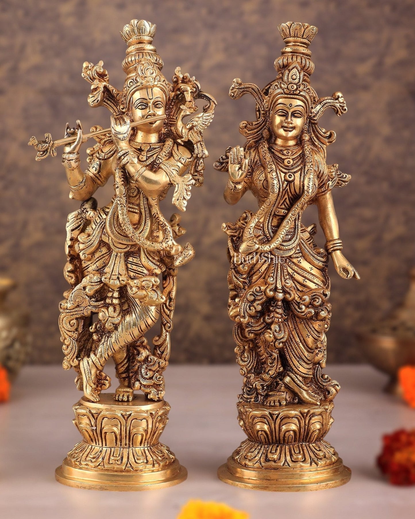 Pure Brass Superfine Radha Krishna Statues – 14" Height Original - Sama Homes Idol - Brass Sculpture