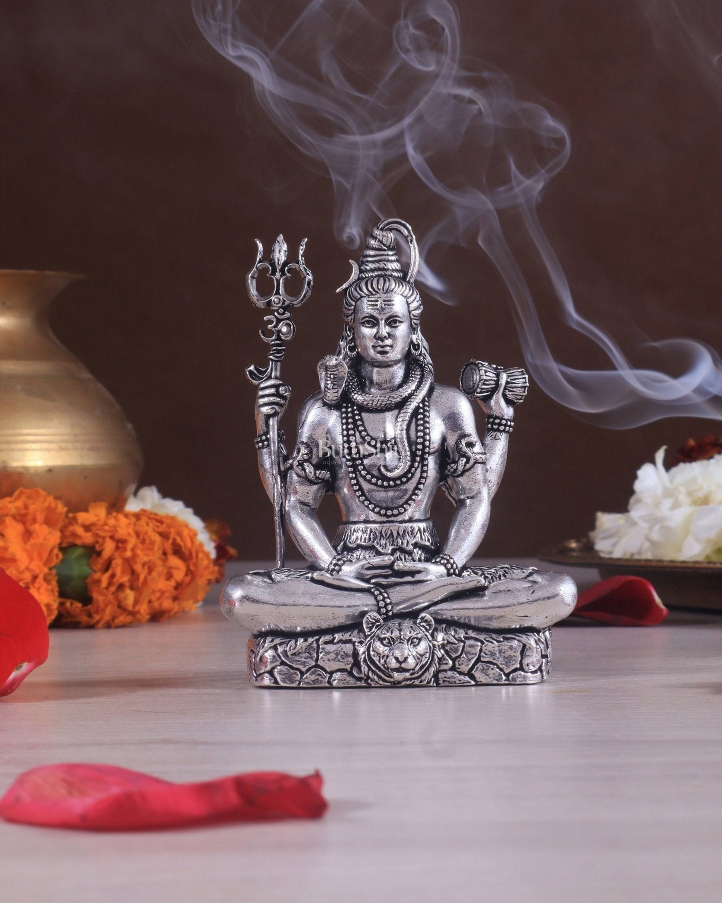 Pure Brass Superfine Silver Plated Lord Shiva in Meditation Idol - 4" Tall - Sama Homes Idol - Brass Sculpture