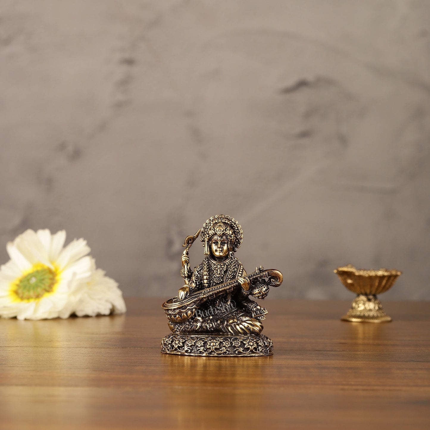 Pure brass superfine Small goddess Saraswati idol 3" - Sama Homes Idol - Brass Sculpture