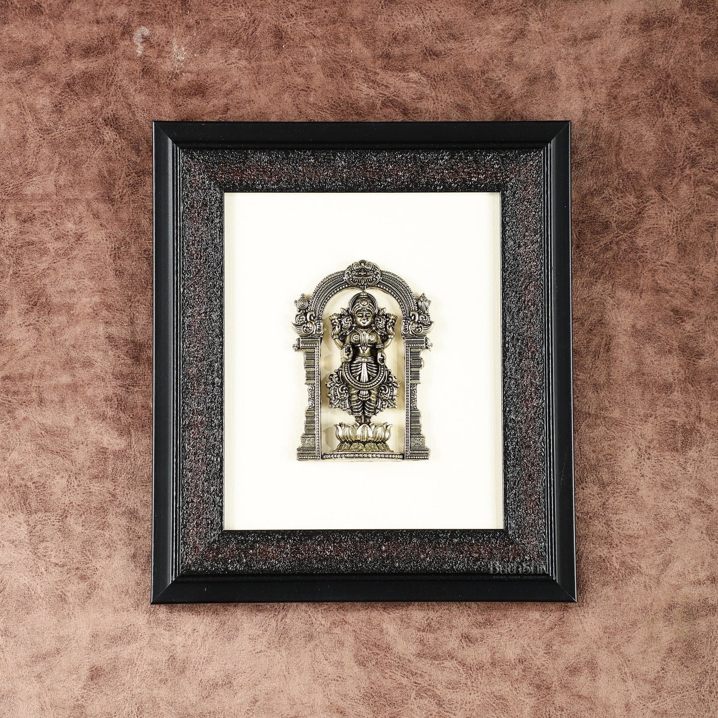 Pure Brass Superfine Standing Lakshmi Hanging on Wooden Frame - 9.5 Inch - Sama Homes Idol - Brass Sculpture