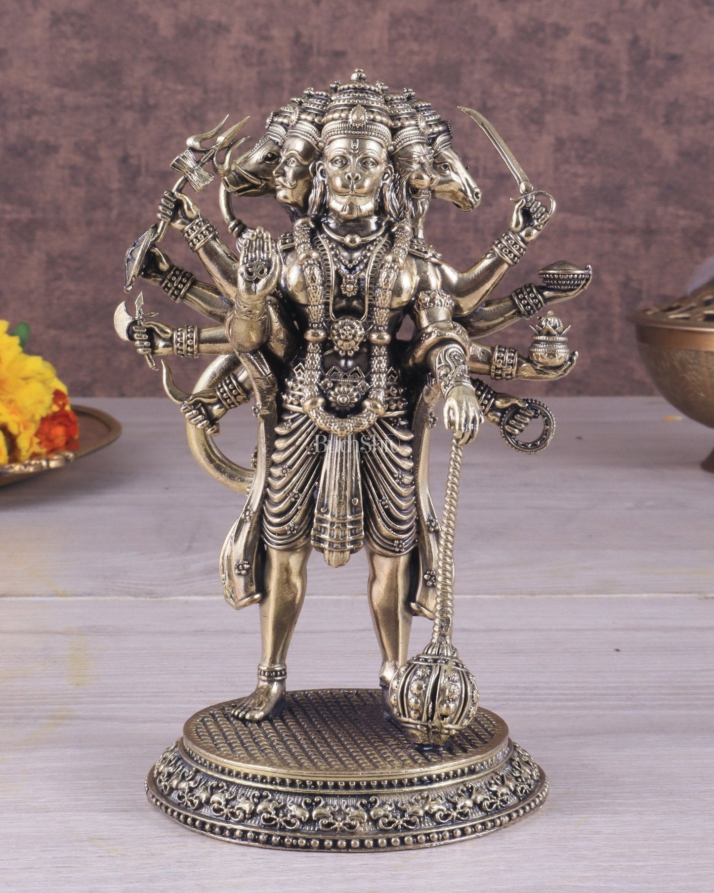 Pure Brass Superfine Standing Panchmukhi Hanuman Idol 6.5" - Sama Homes Idol - Brass Sculpture