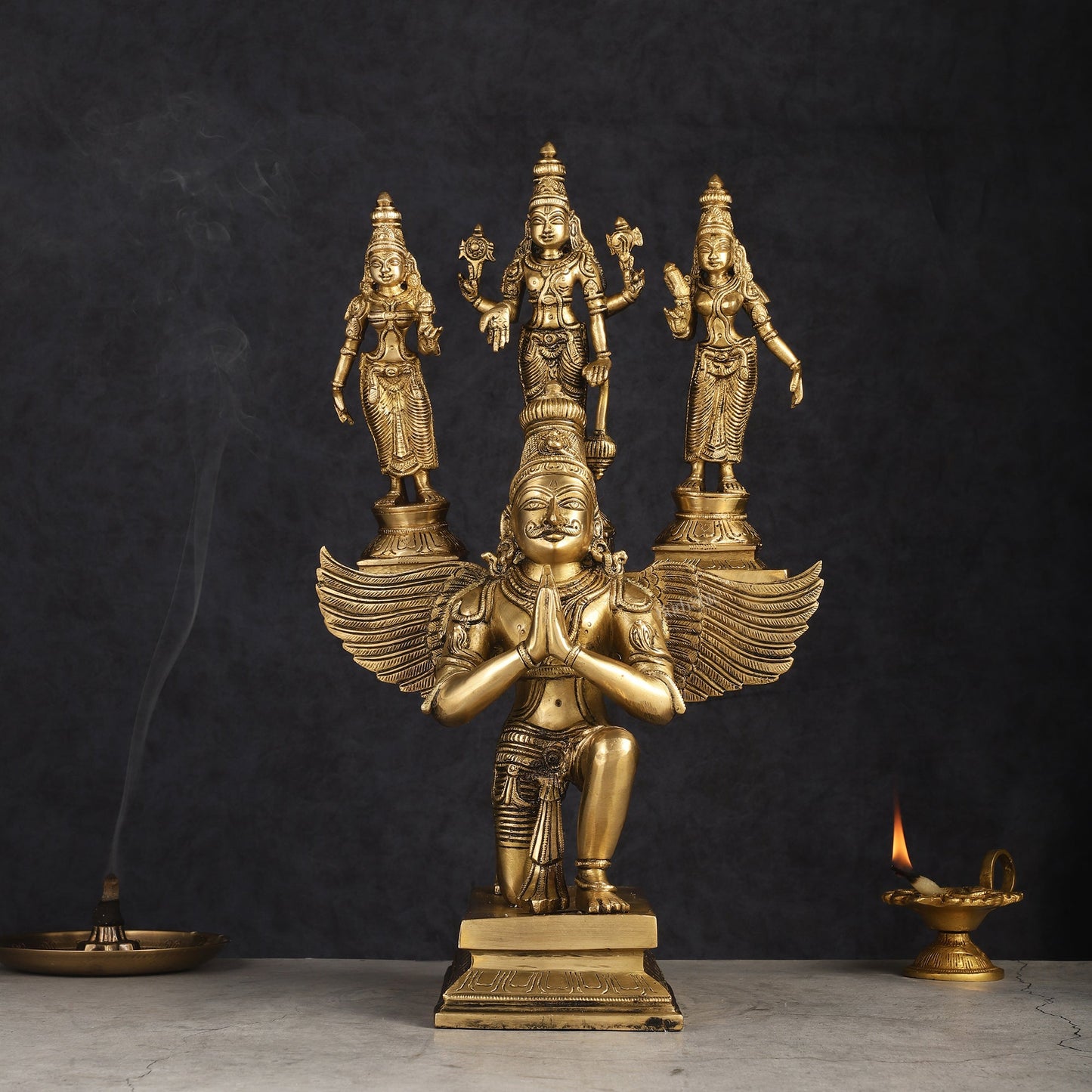 Pure Brass Superfine Tirupati Balaji Bhudevi and Sridevi on Garuda Statue 18" - Sama Homes Idol - Brass Sculpture