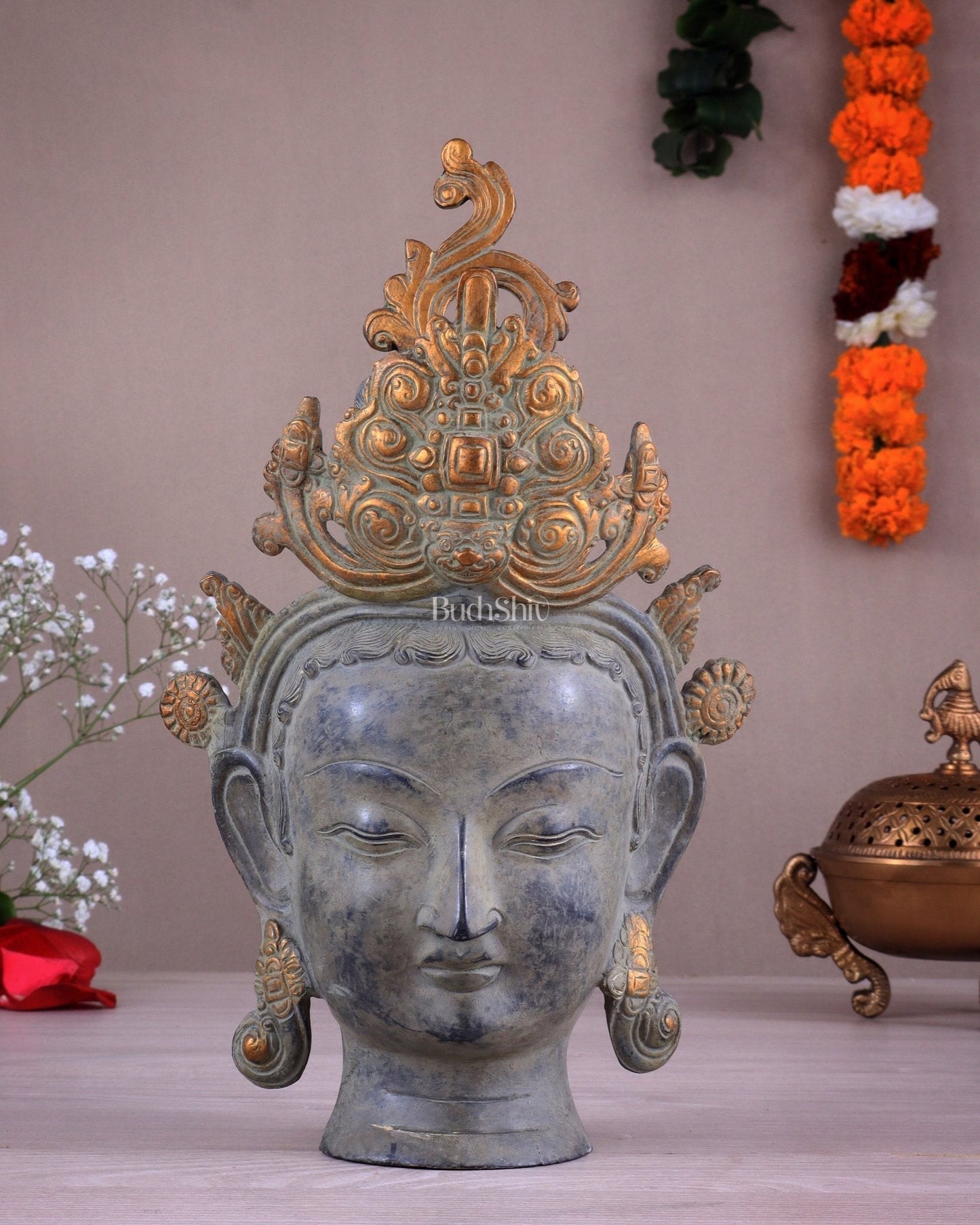 Pure Brass Tara Face Bust Statue – Vintage Sand Finish 12" - Sama Homes Idol - Brass Sculpture