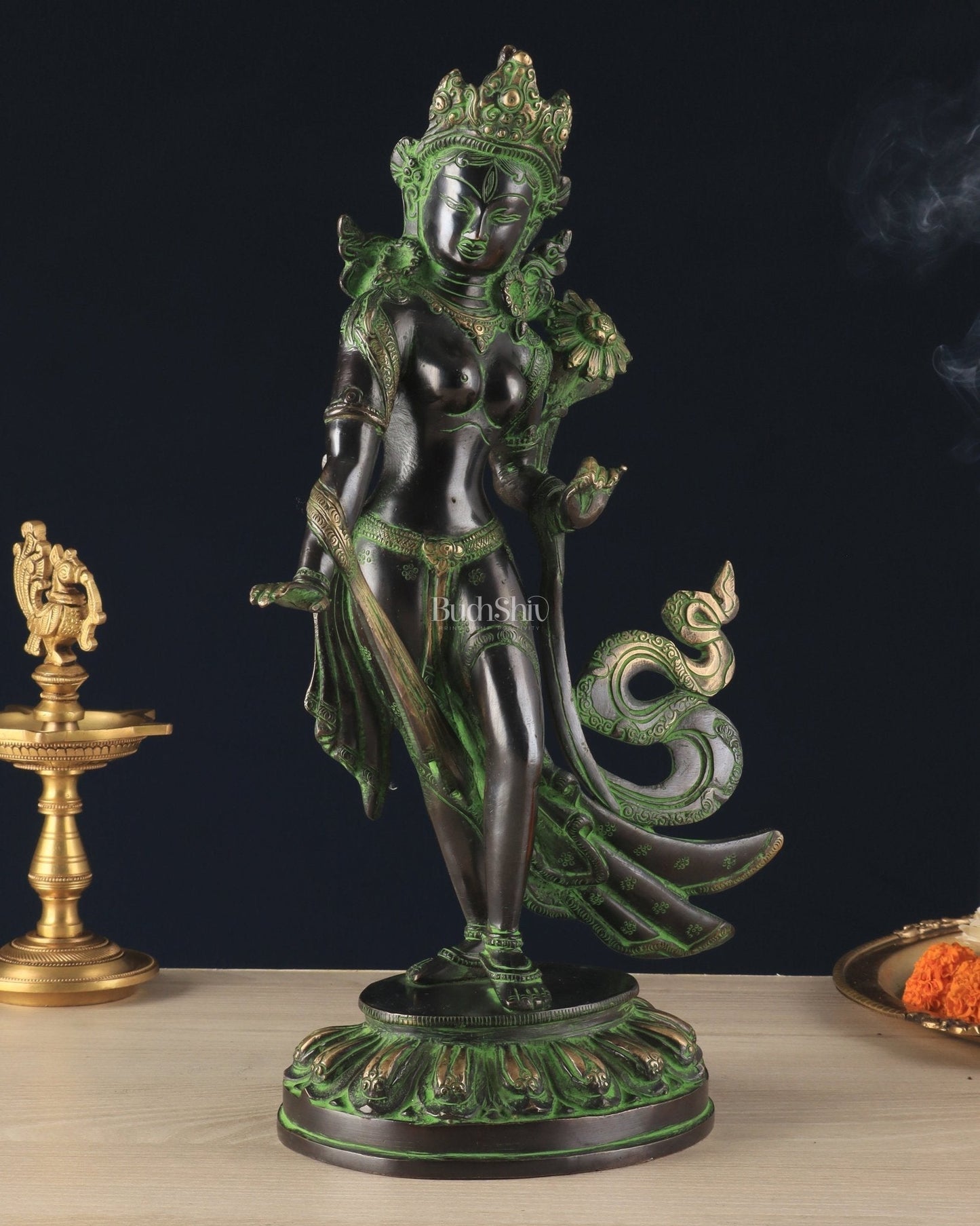 Pure Brass Tibetan Tara Devi Buddhist Goddess Idol - 15" Standing Statue - Sama Homes Idol - Brass Sculpture