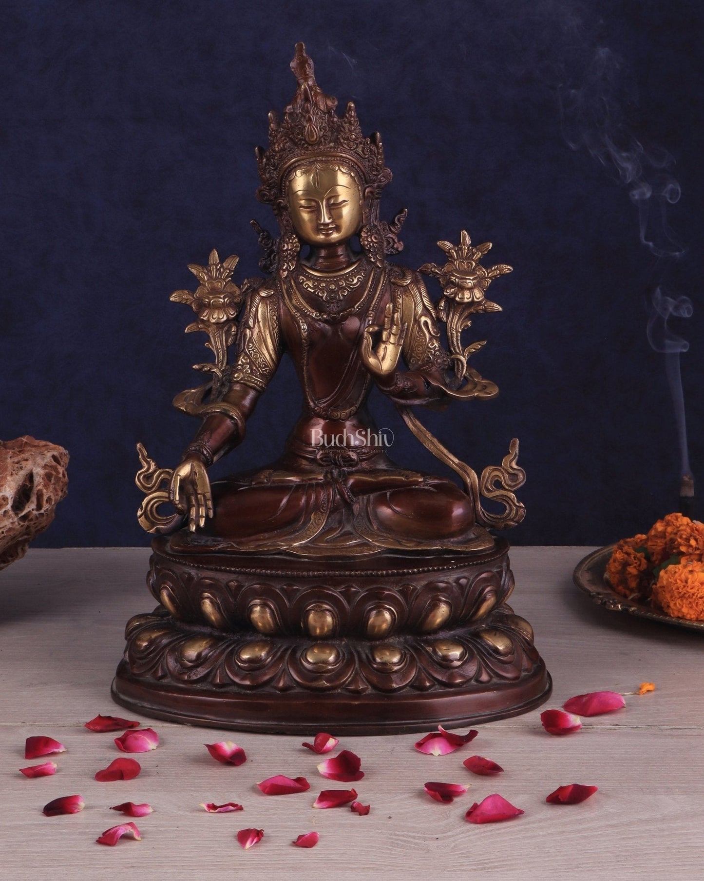 Pure Brass Tibetan White Tara Idol – Copper Gold Finish | 14 Inch - Sama Homes Idol - Brass Sculpture