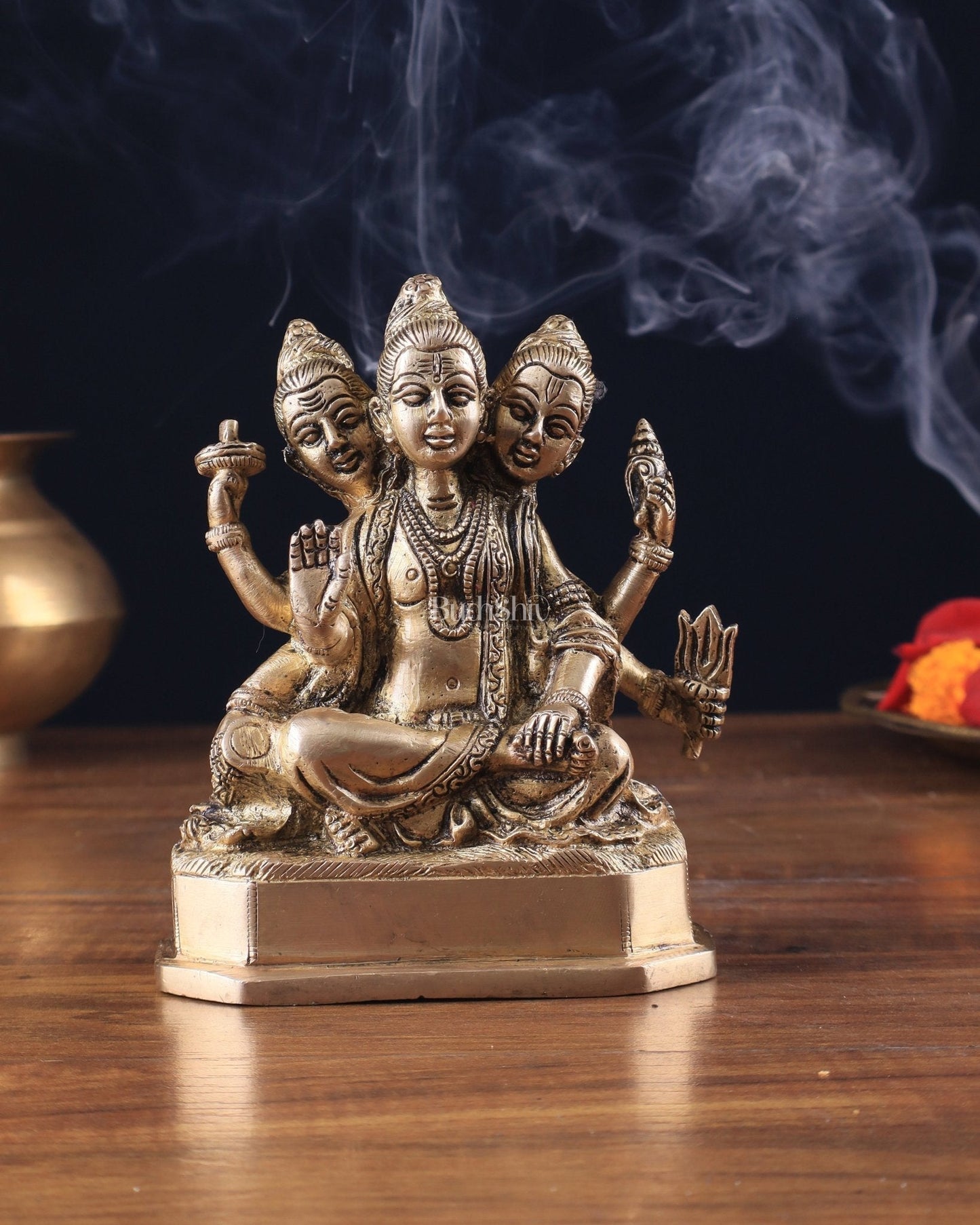 Pure Brass Trimurti Idol – Brahma, Vishnu, and Mahesh (Shiva) 5" - Sama Homes Idol - Brass Sculpture