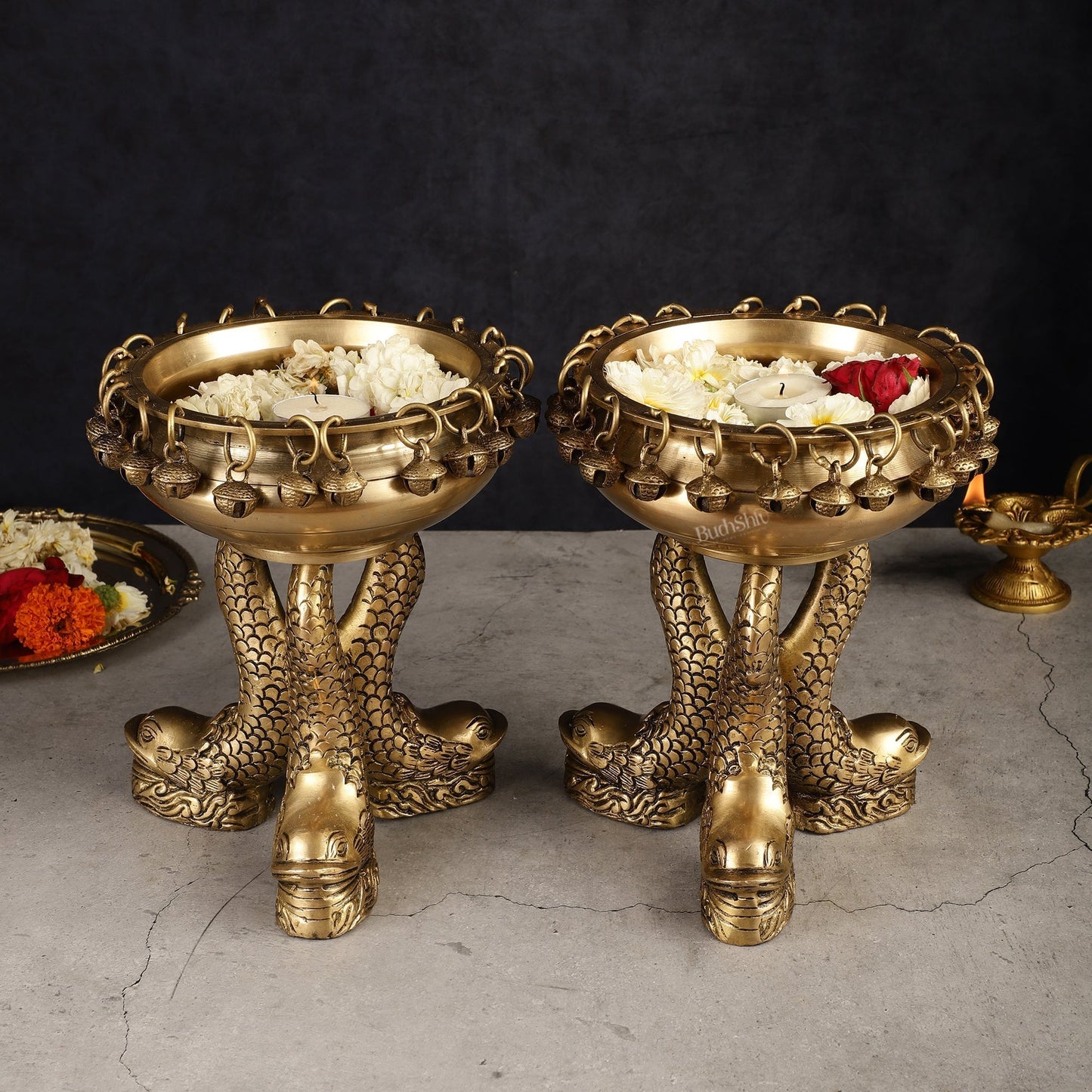 Pure Brass Vastu Urli with Fish Legs pair - Set of two 8" â Sama Homes