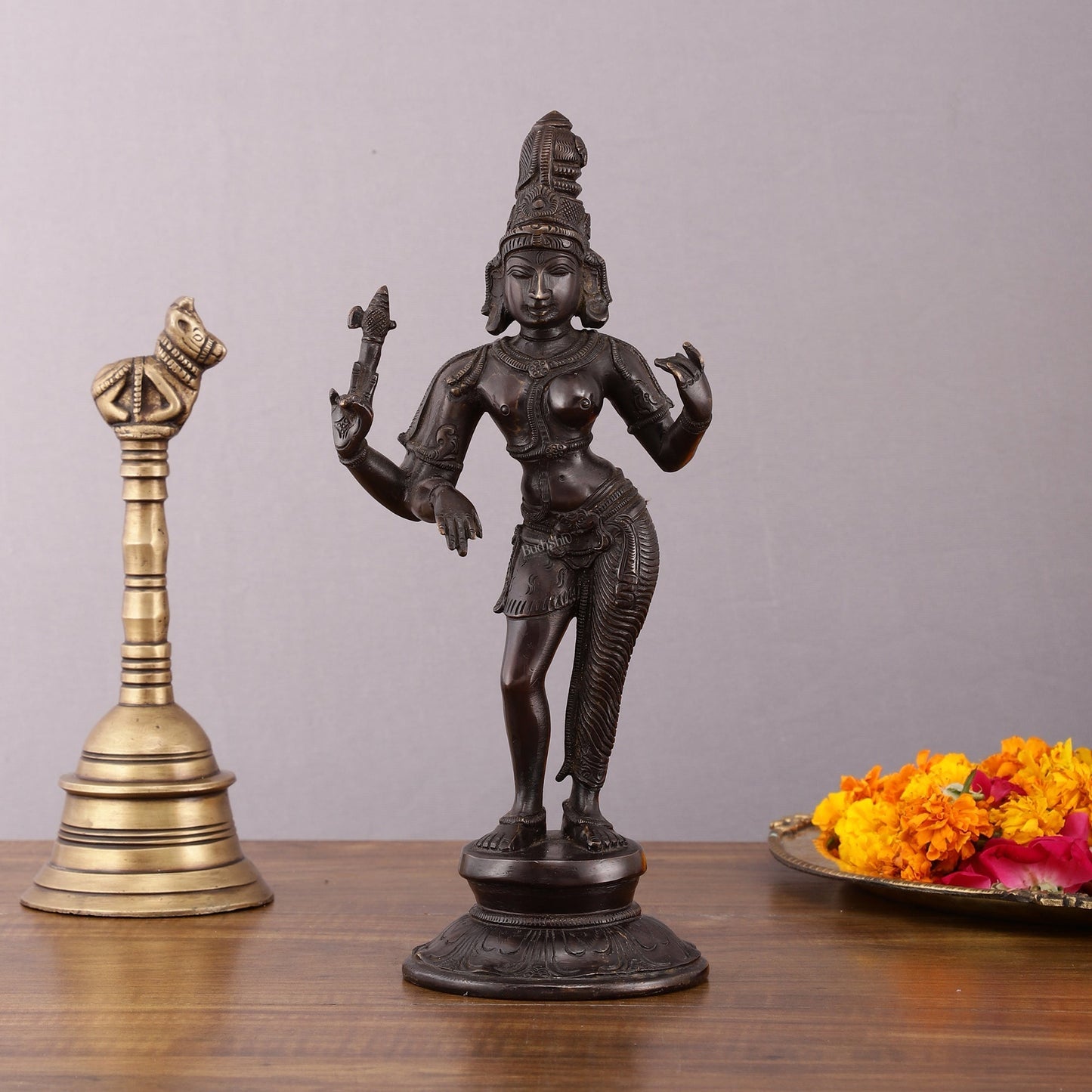 Pure Brass Vintage Ardhanarishwara Dark Chocolate finish Sculpture – 11.5 - Sama Homes Idol - Brass Sculpture
