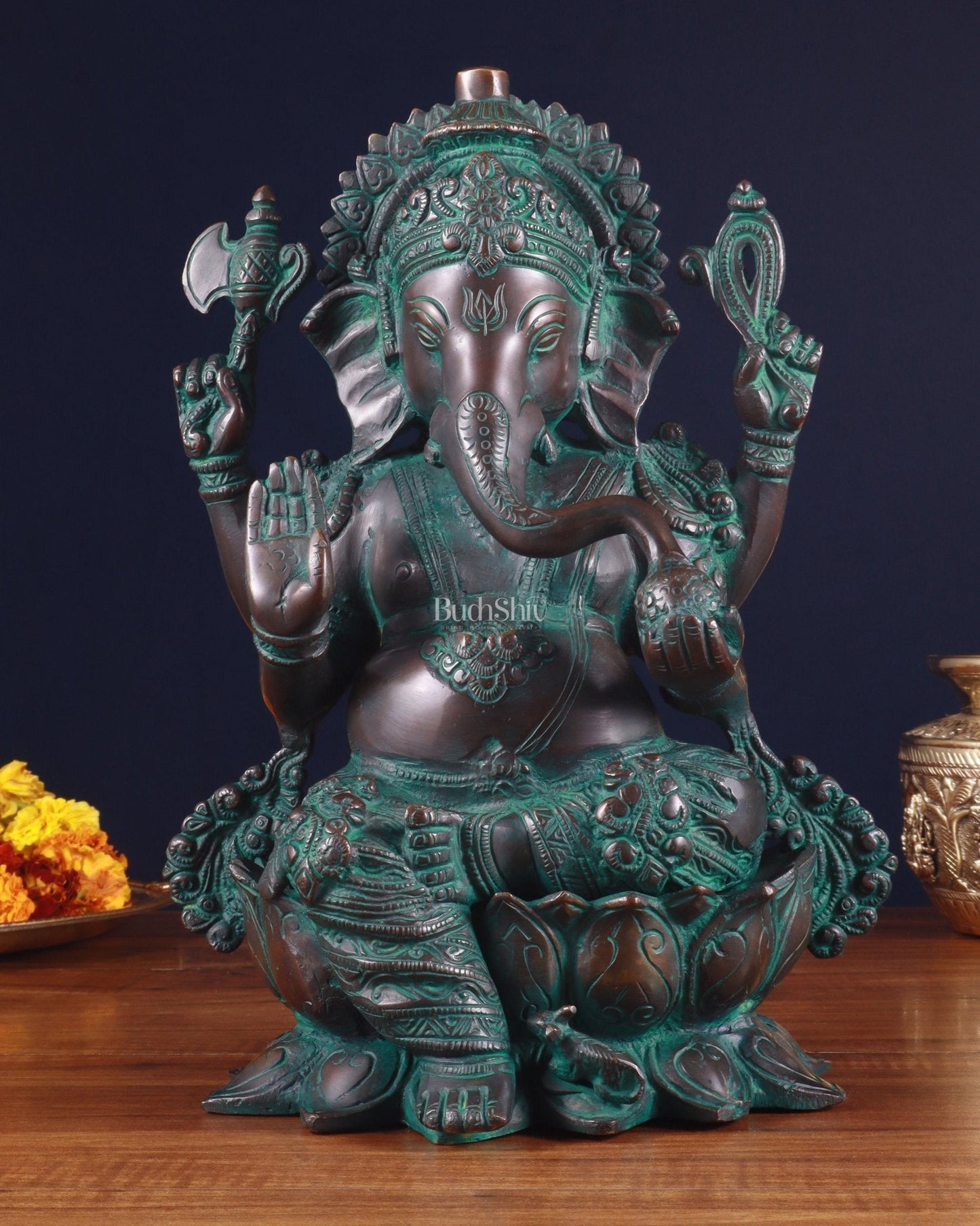 Pure Brass vintage Ganesha Idol with bronze finish 12" - Sama Homes Idol - Brass Sculpture