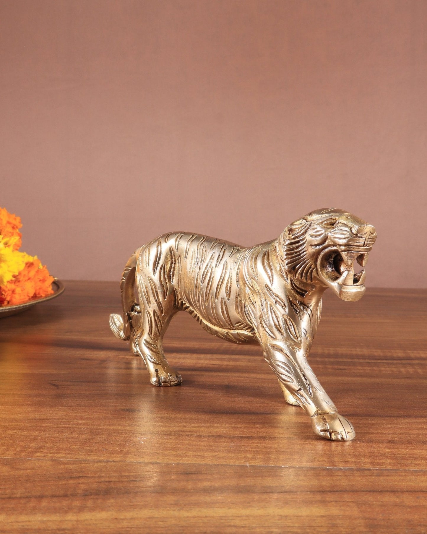 Pure Brass Vintage Tiger Table Accent Showpiece – Vastu Feng Shui Approved | 9.5" Wide